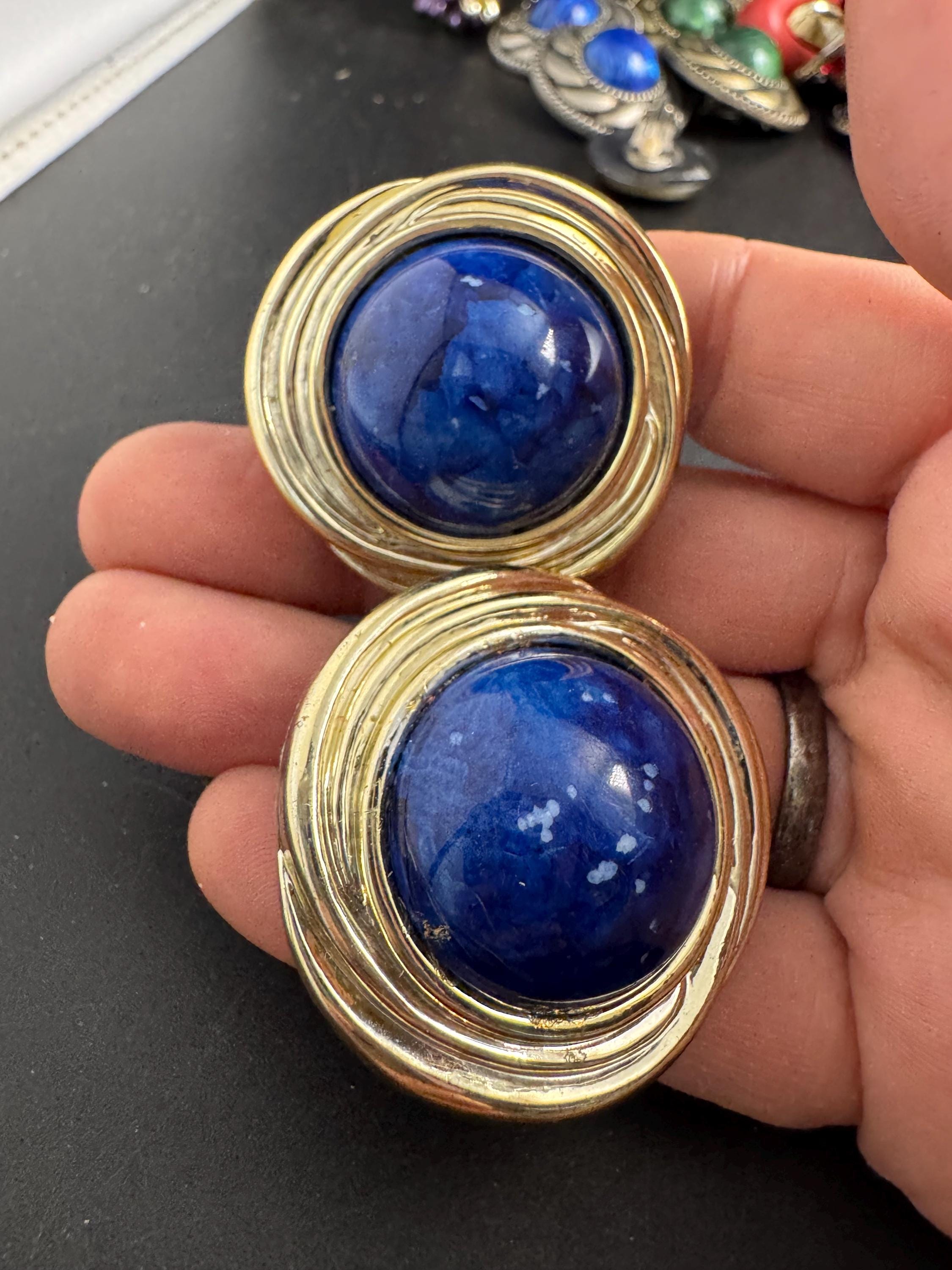 Big plastic Clip on earrings, blue and gold domed disc design