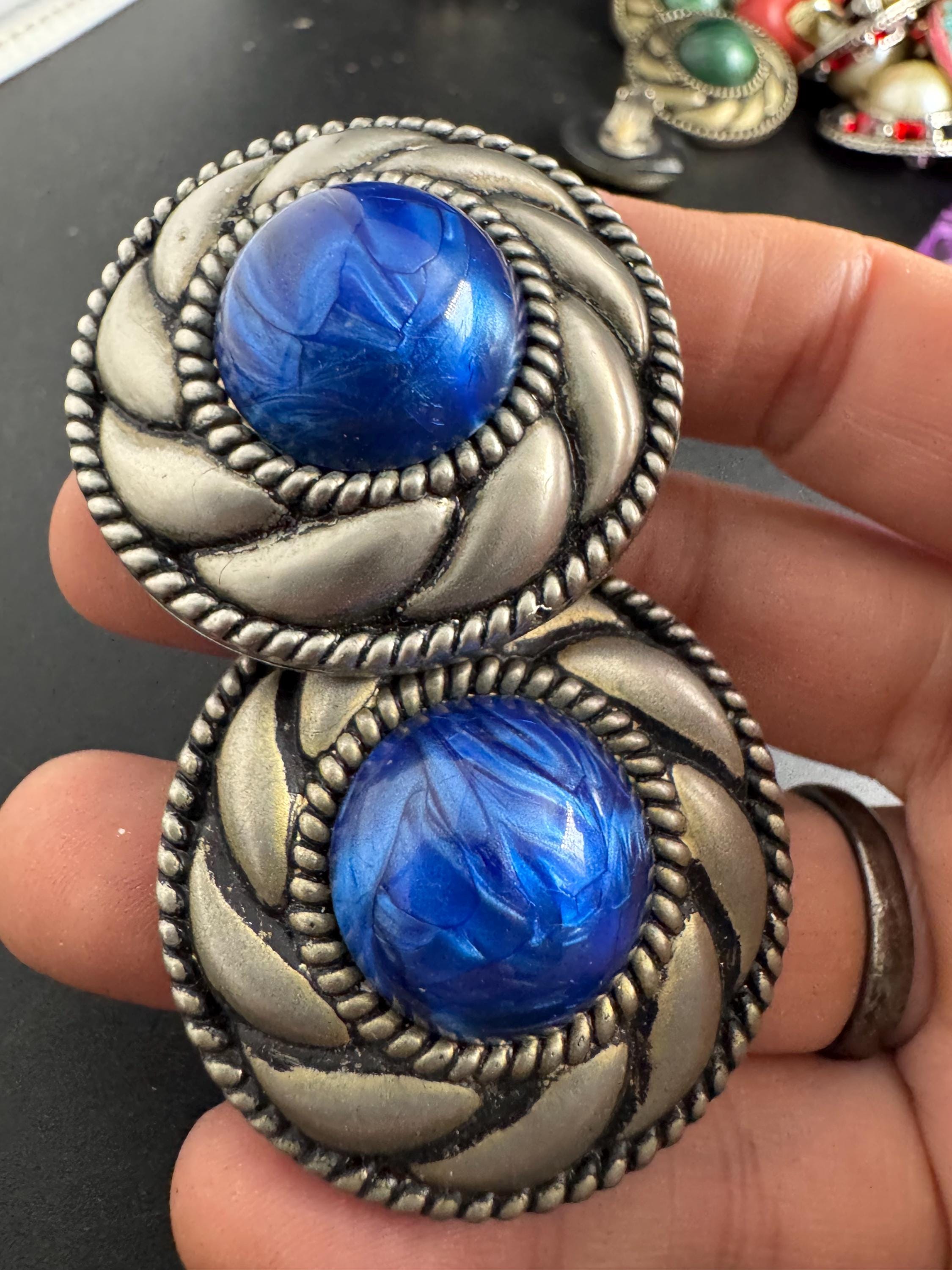 Big plastic Clip on earrings, blue and pewter silver domed disc design