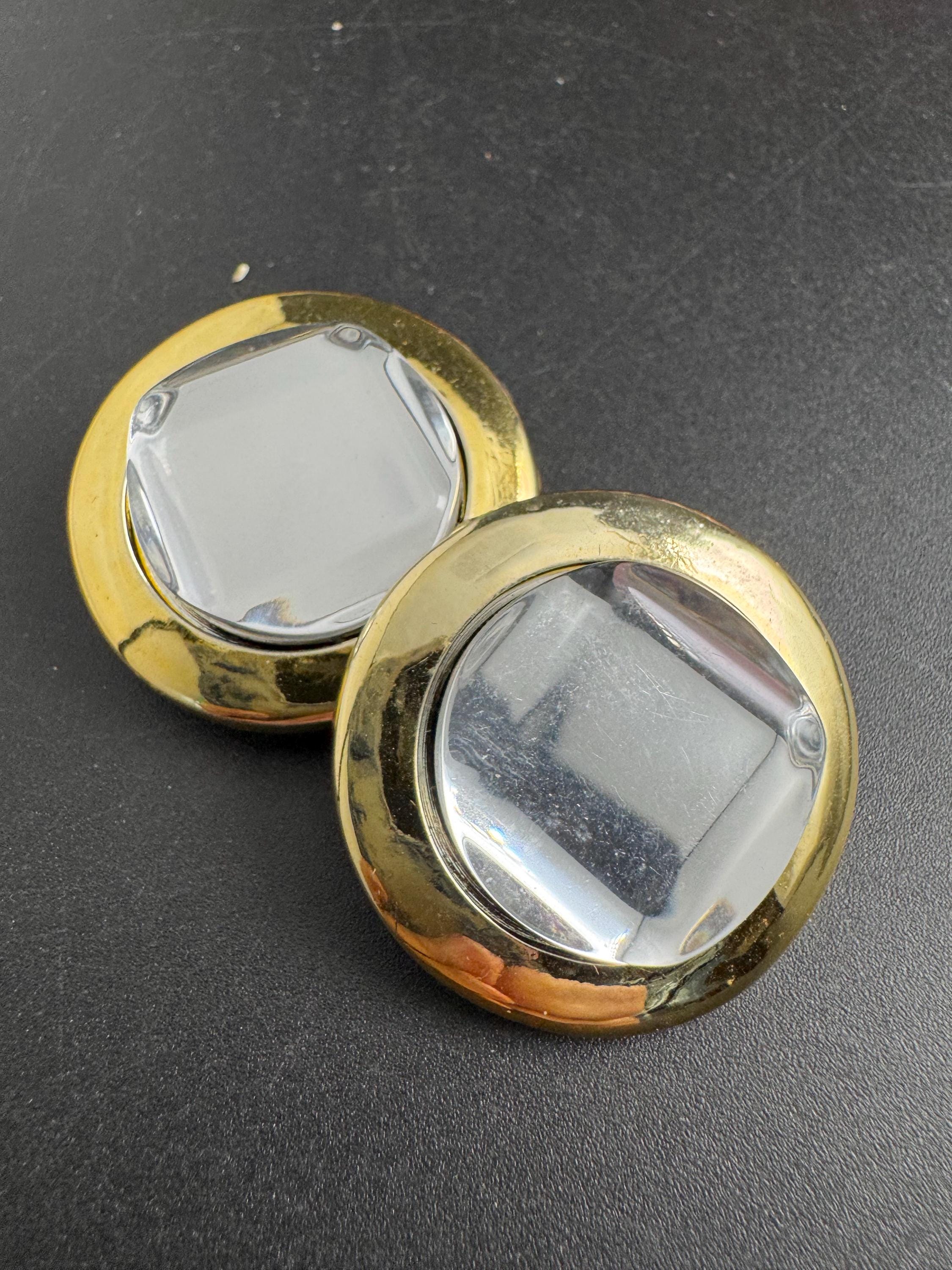 Big plastic Clip on earrings, clear crystal and gold disc design