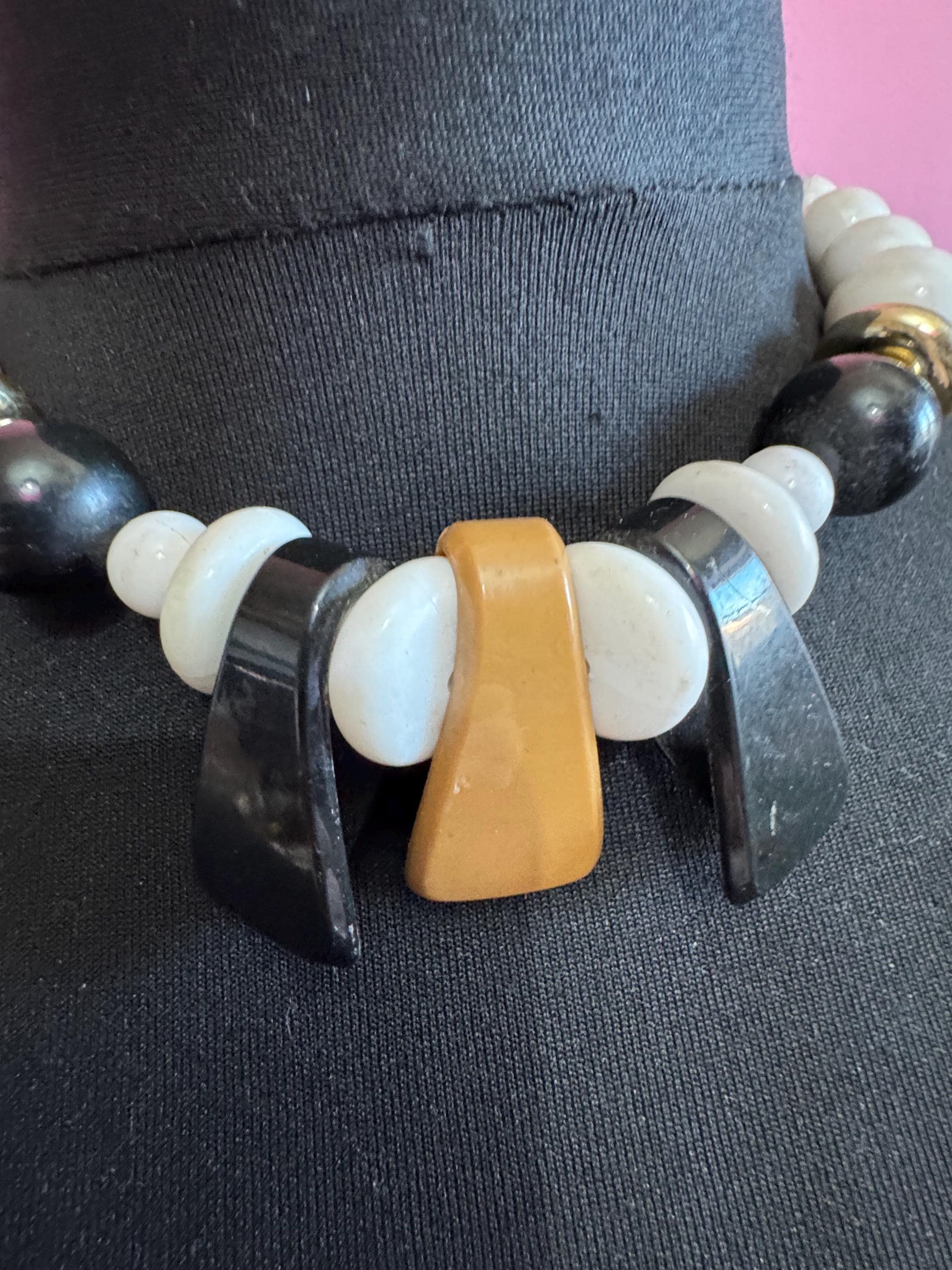 Italian style beaded statement necklace, acrylic white black tan and gold beads