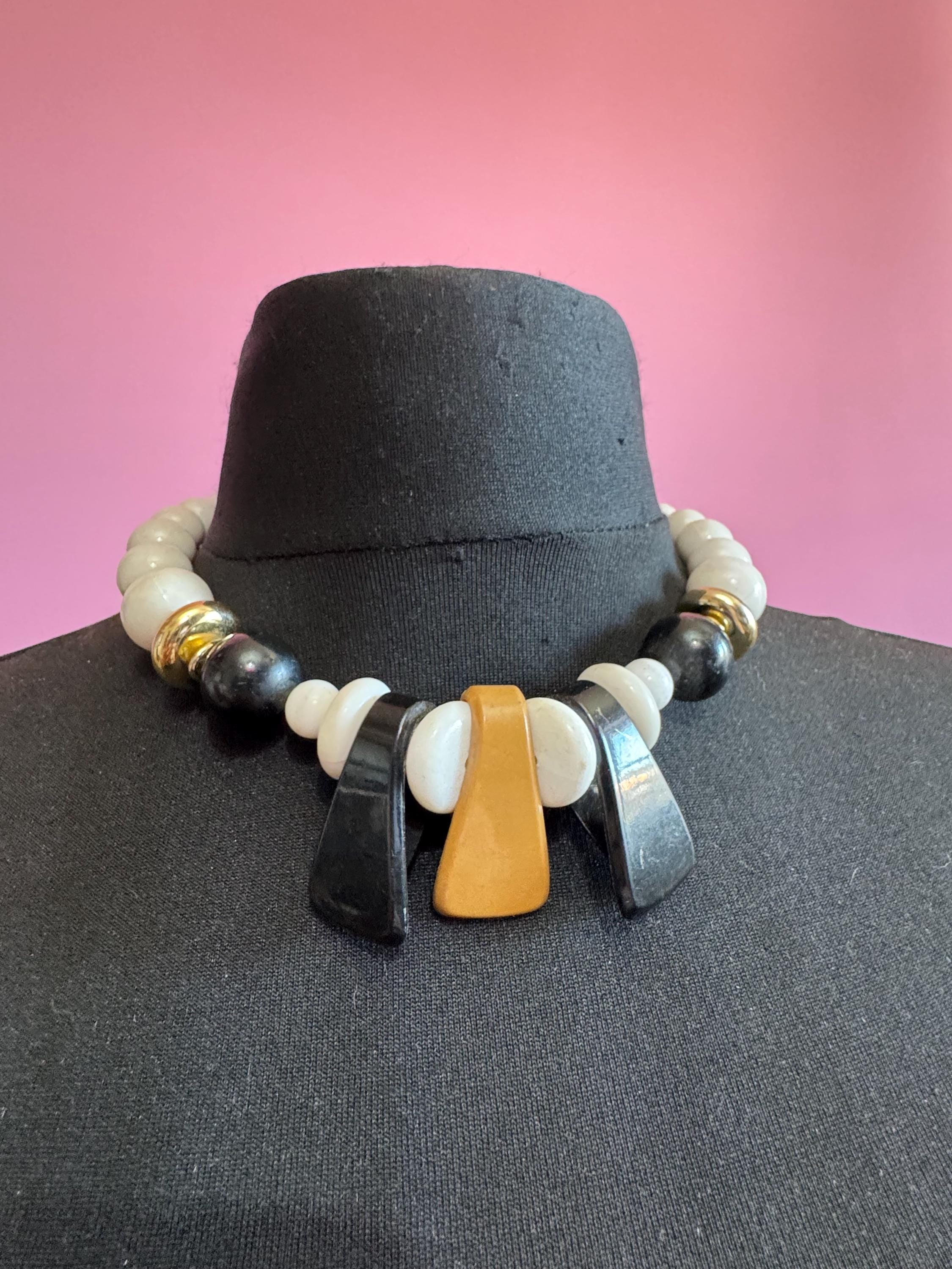 Italian style beaded statement necklace, acrylic white black tan and gold beads