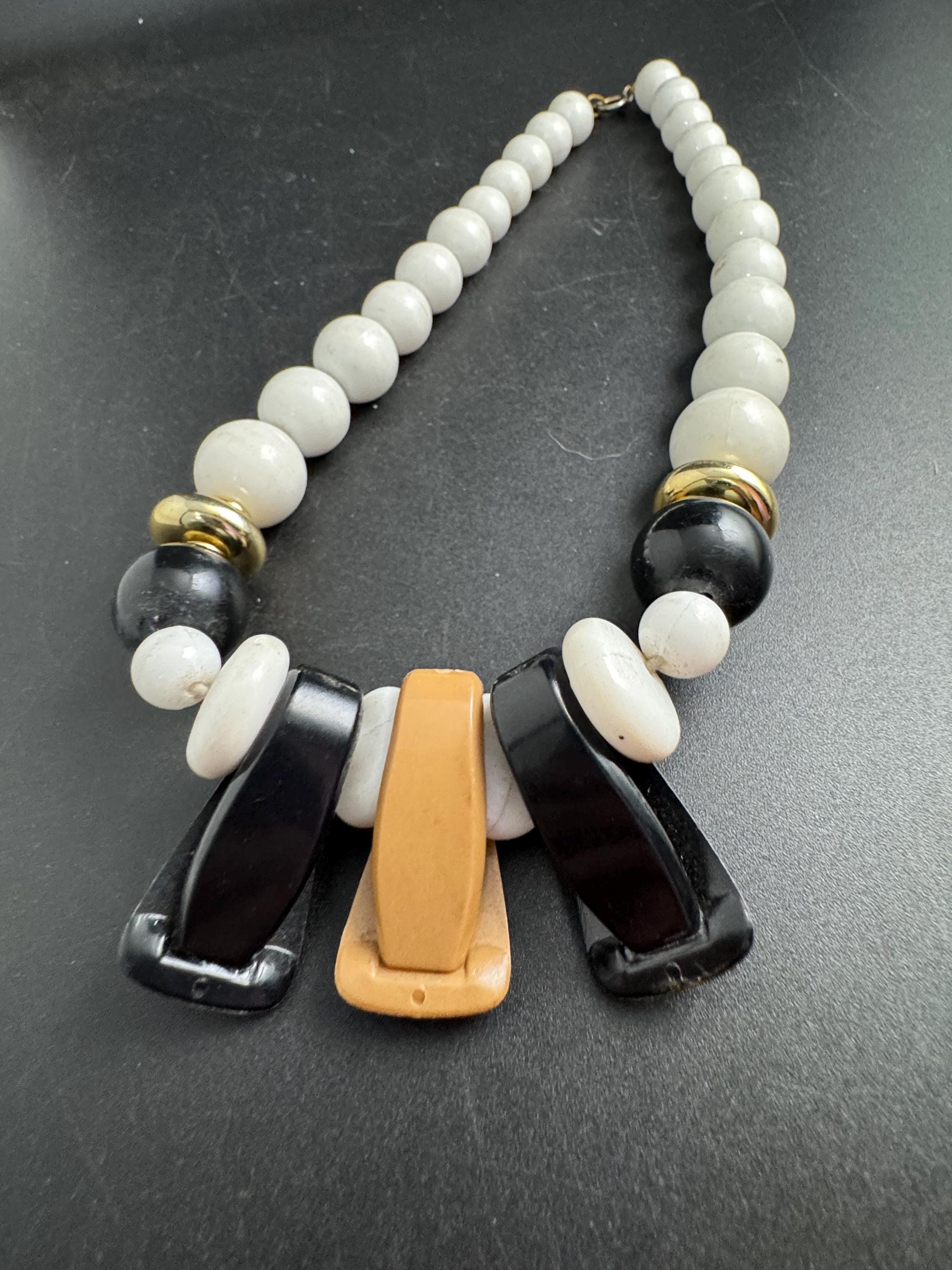 Italian style beaded statement necklace, acrylic white black tan and gold beads