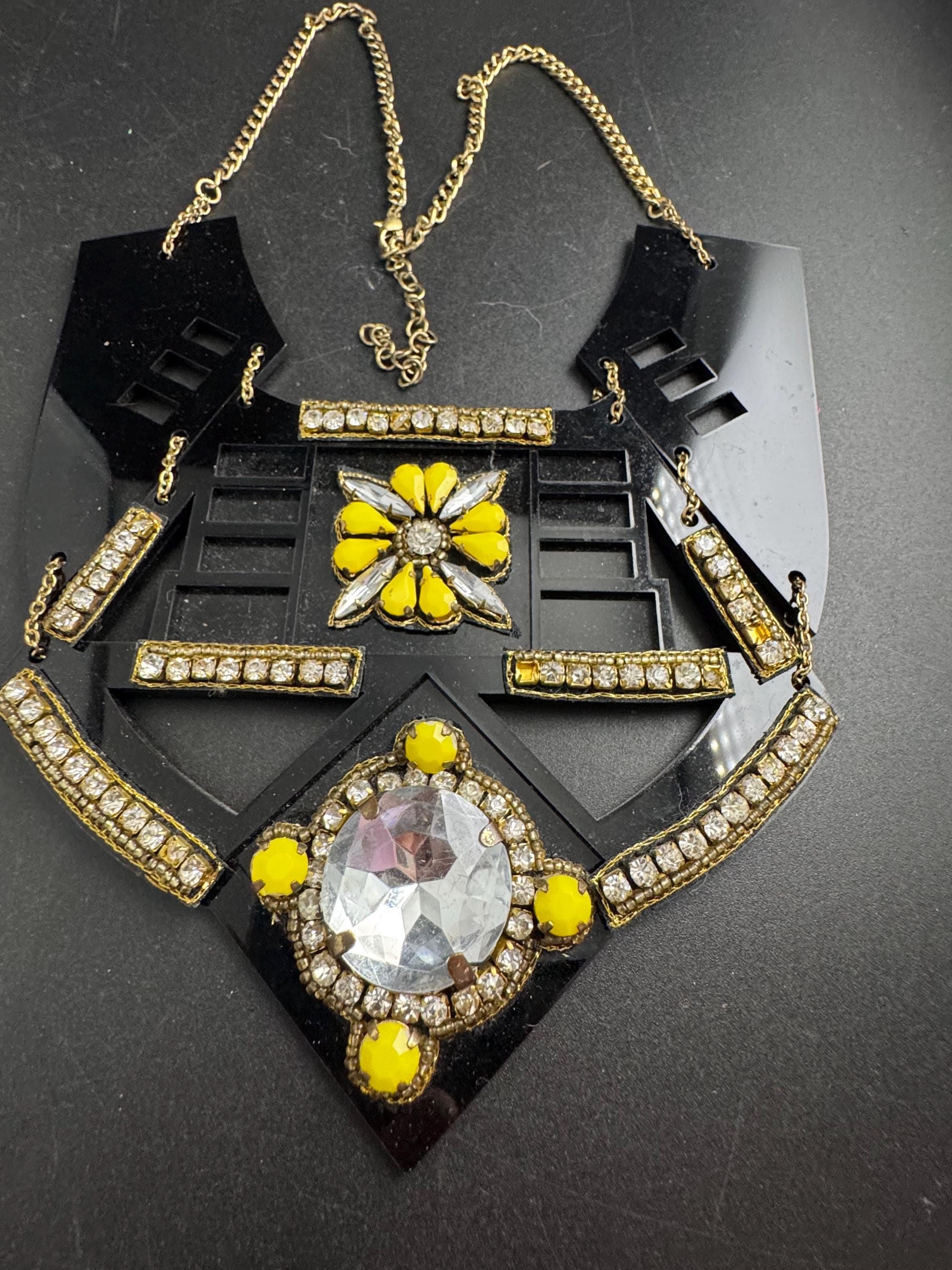 Black and yellow oversized statement necklace, acrylic and rhinestones