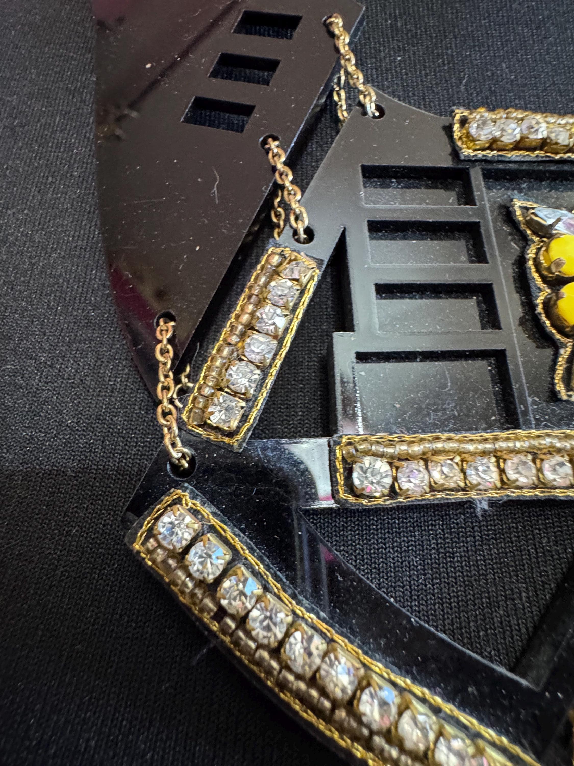 Black and yellow oversized statement necklace, acrylic and rhinestones