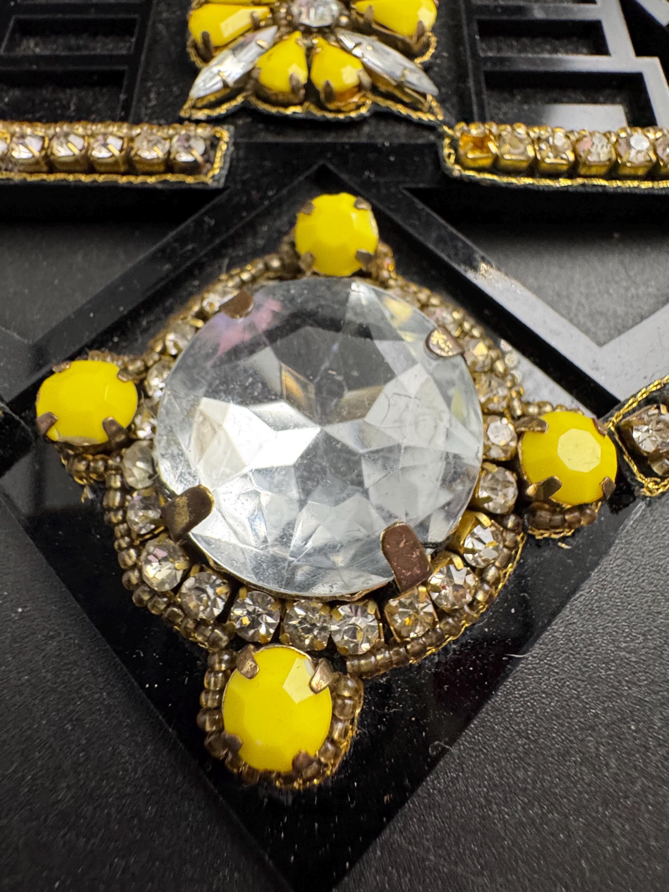 Black and yellow oversized statement necklace, acrylic and rhinestones