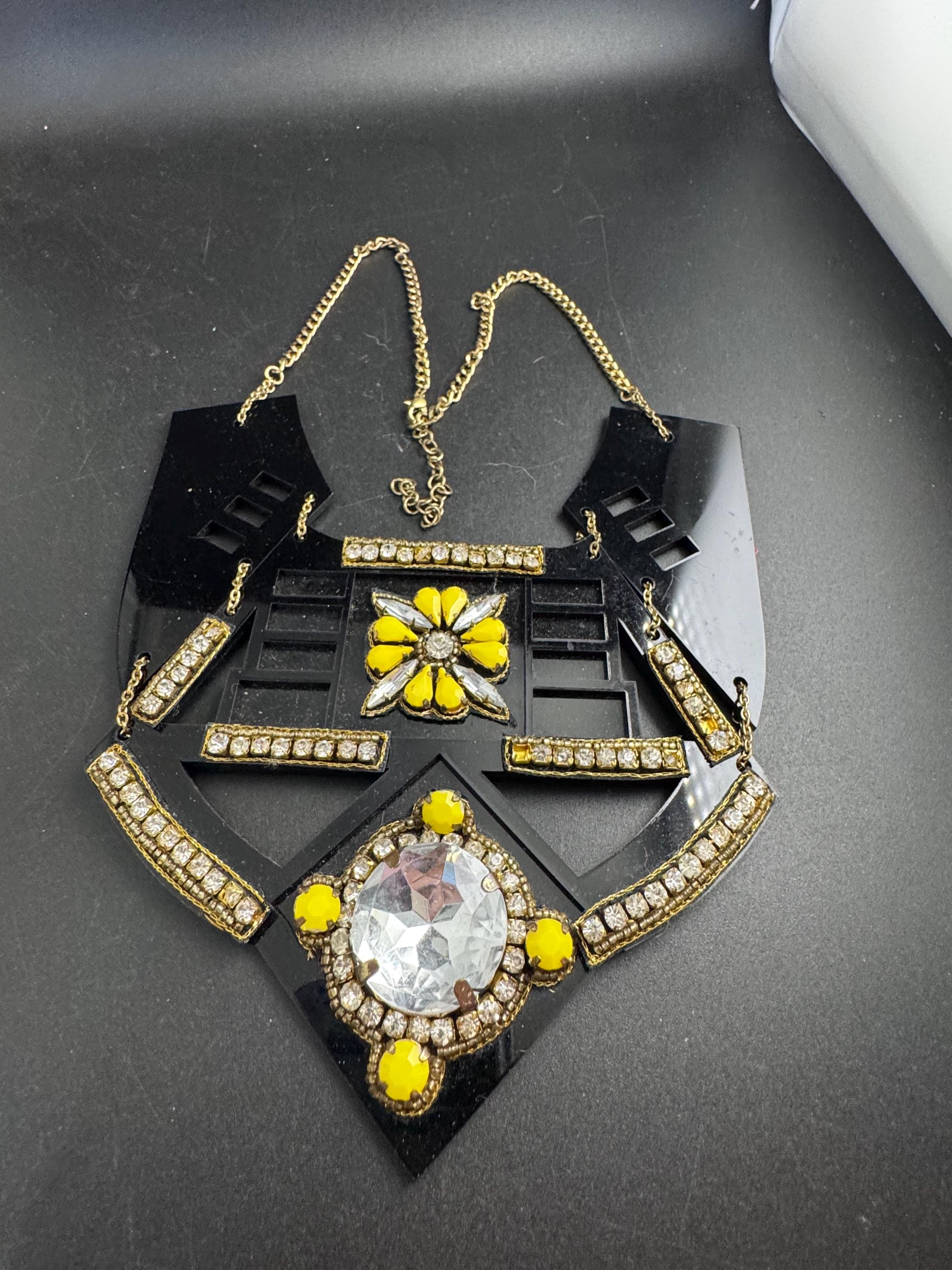 Black and yellow oversized statement necklace, acrylic and rhinestones