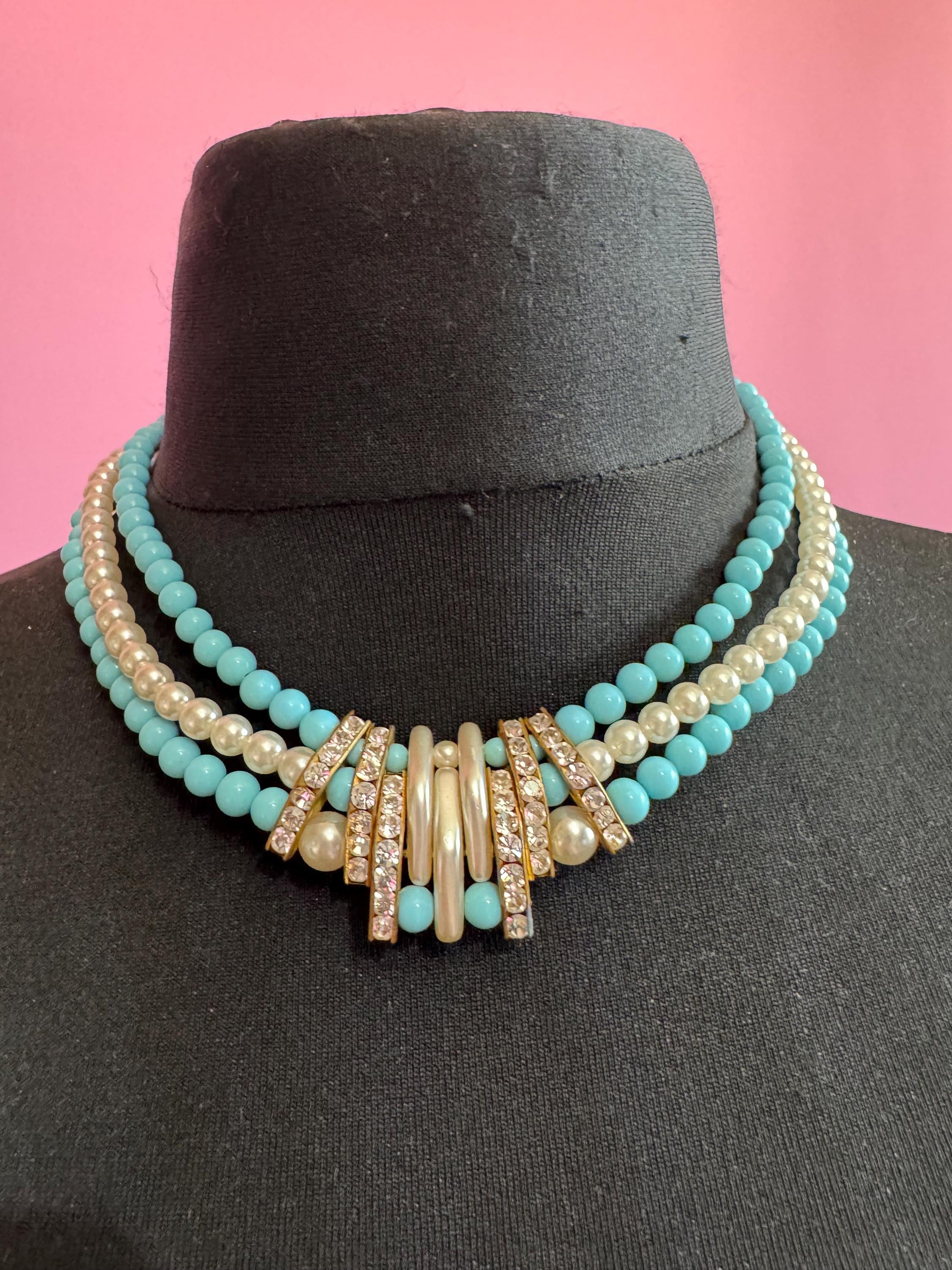 Turquoise and pearl beaded Multistrand necklace, channel set Rhinestones