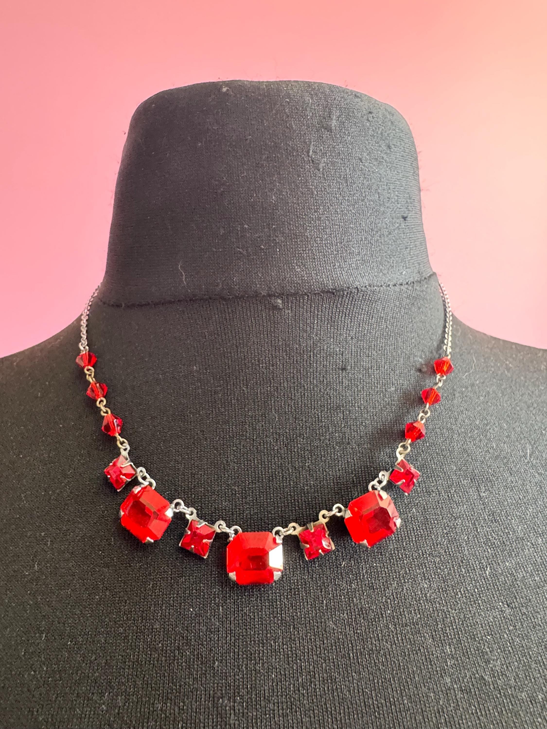 Ruby red rhinestone open back crystal necklace, chrome silver glass stones