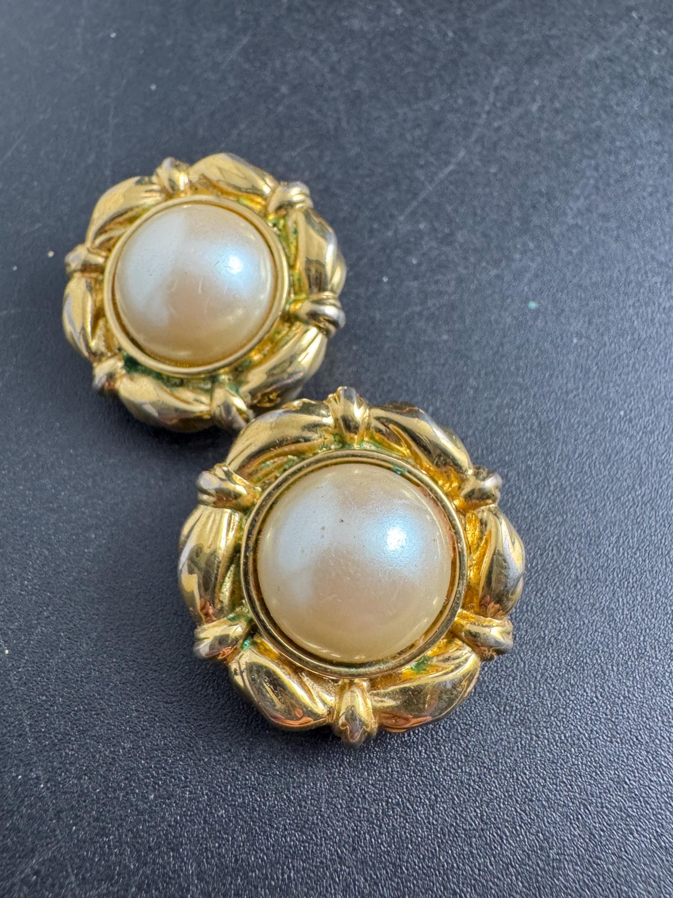 pearl clip on earrings, gold tone domed  , vintage retro