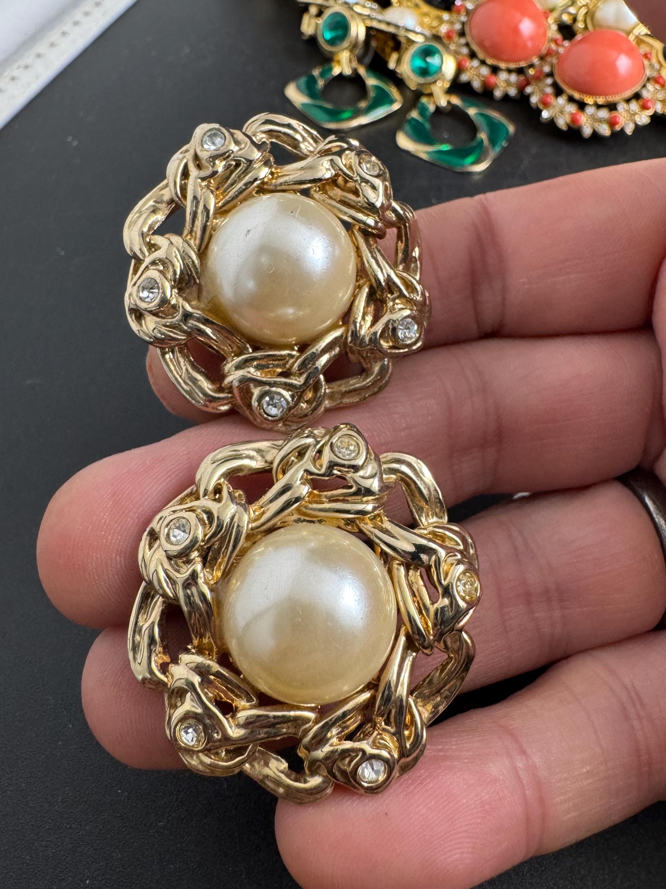 Big rhinestone pearl clip on earrings, gold tone round disc and domed  , vintage retro