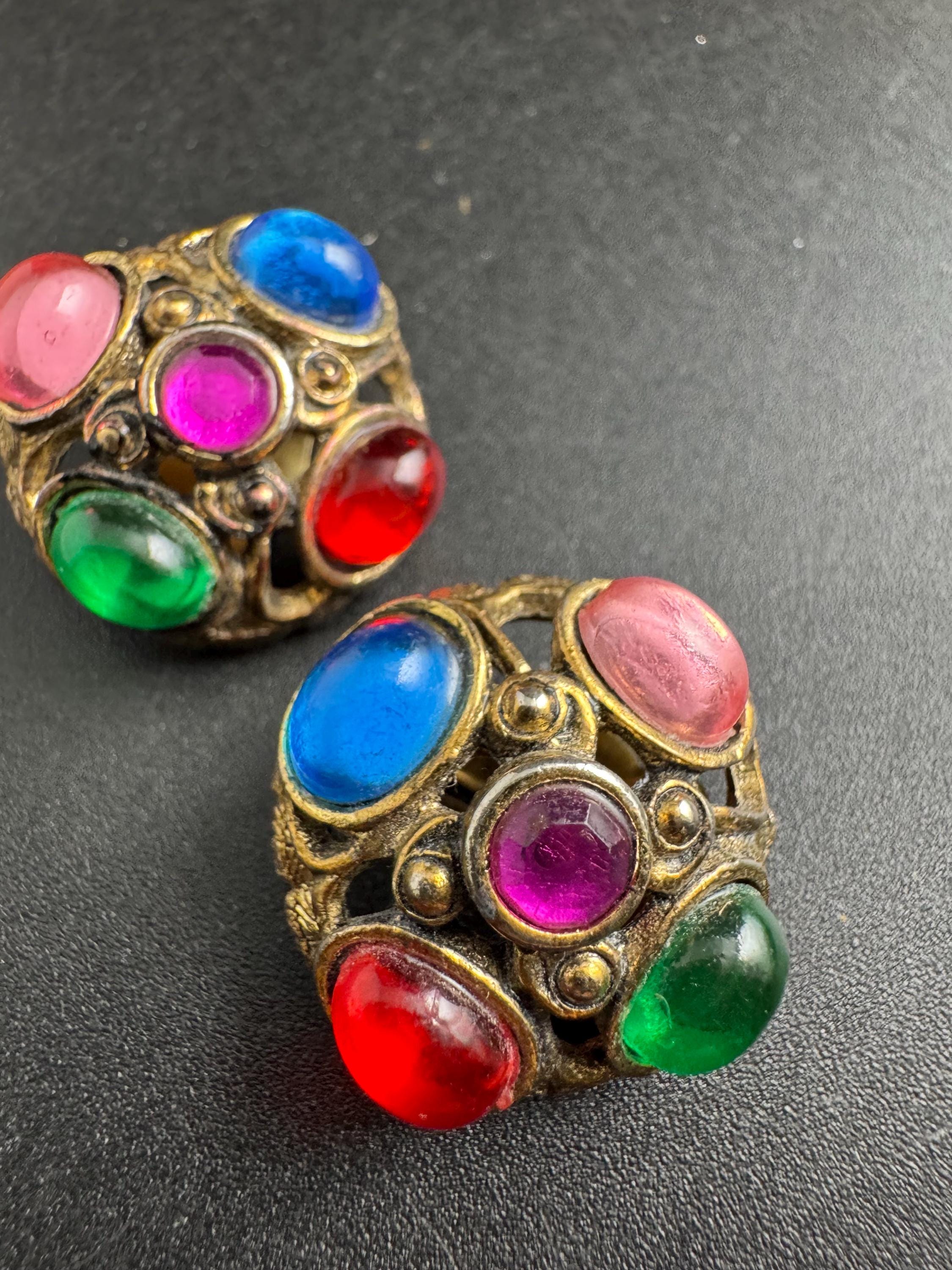 1980s coloured cabochon clip on earrings, faux gripoix glass style, red blue green pink