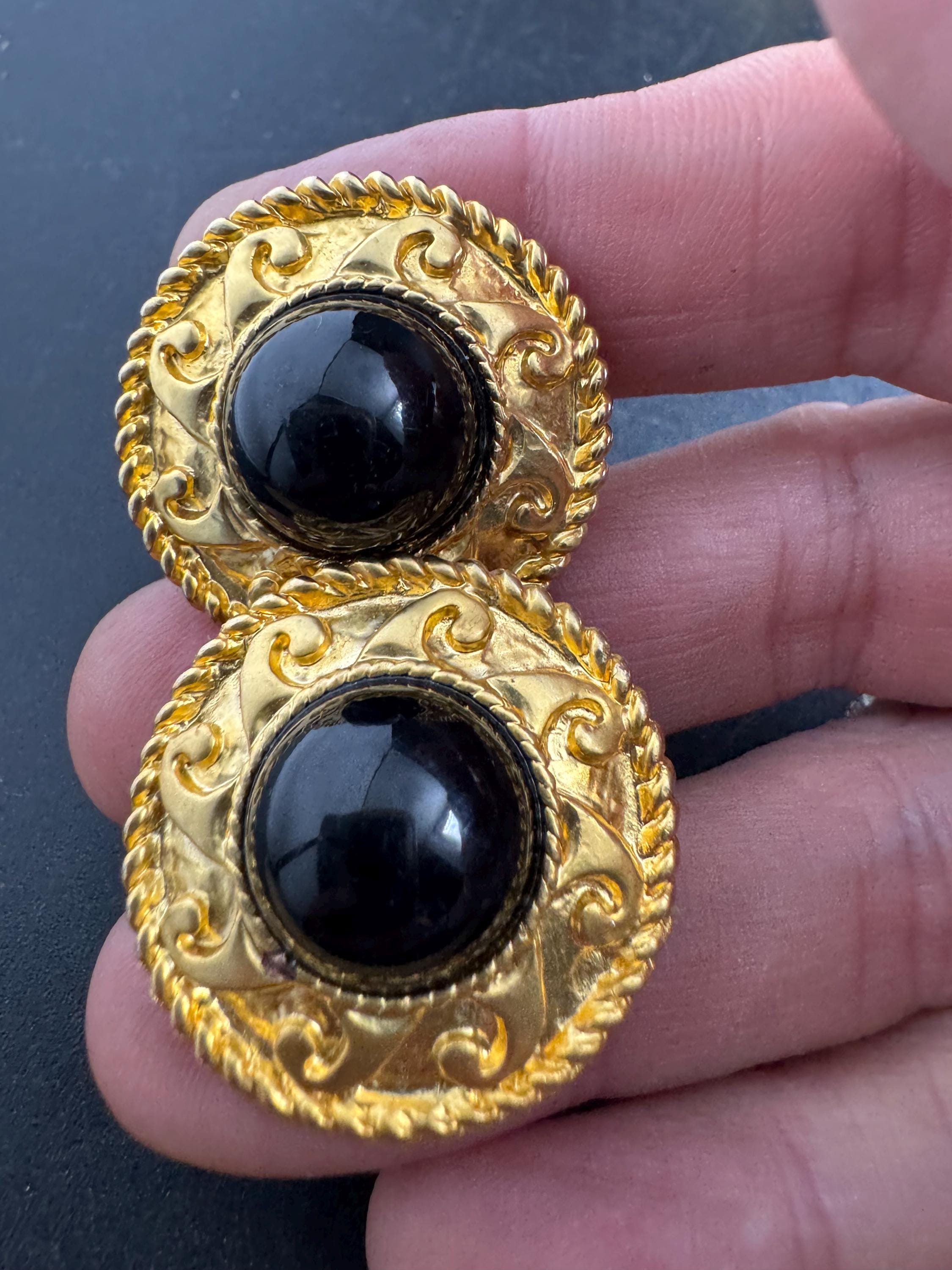 black domed cabochon clip on earrings, Matt gold tone 2.5cm