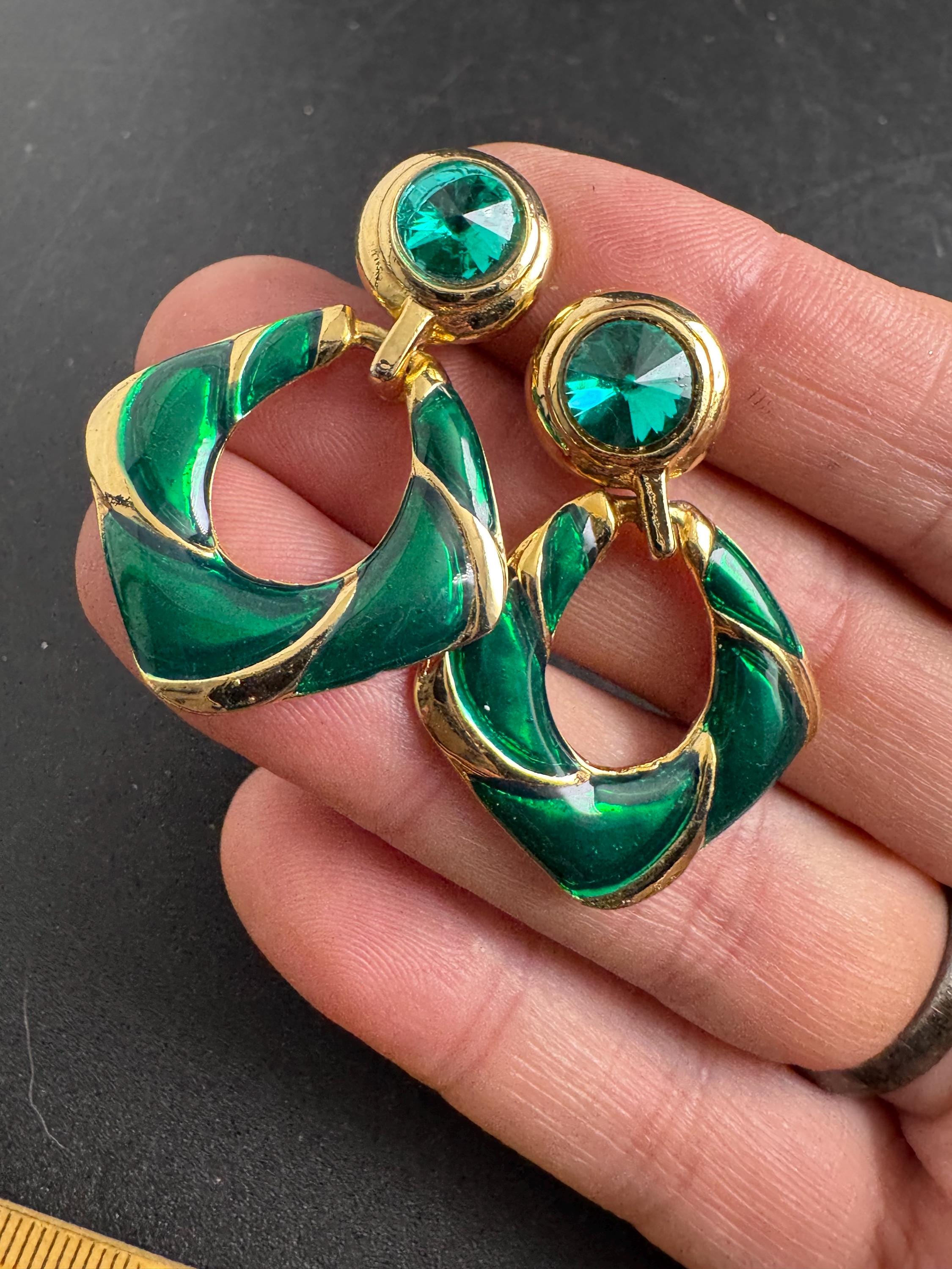 green enamel door knocker earrings,  Vintage 1980s pierced ears gold tone