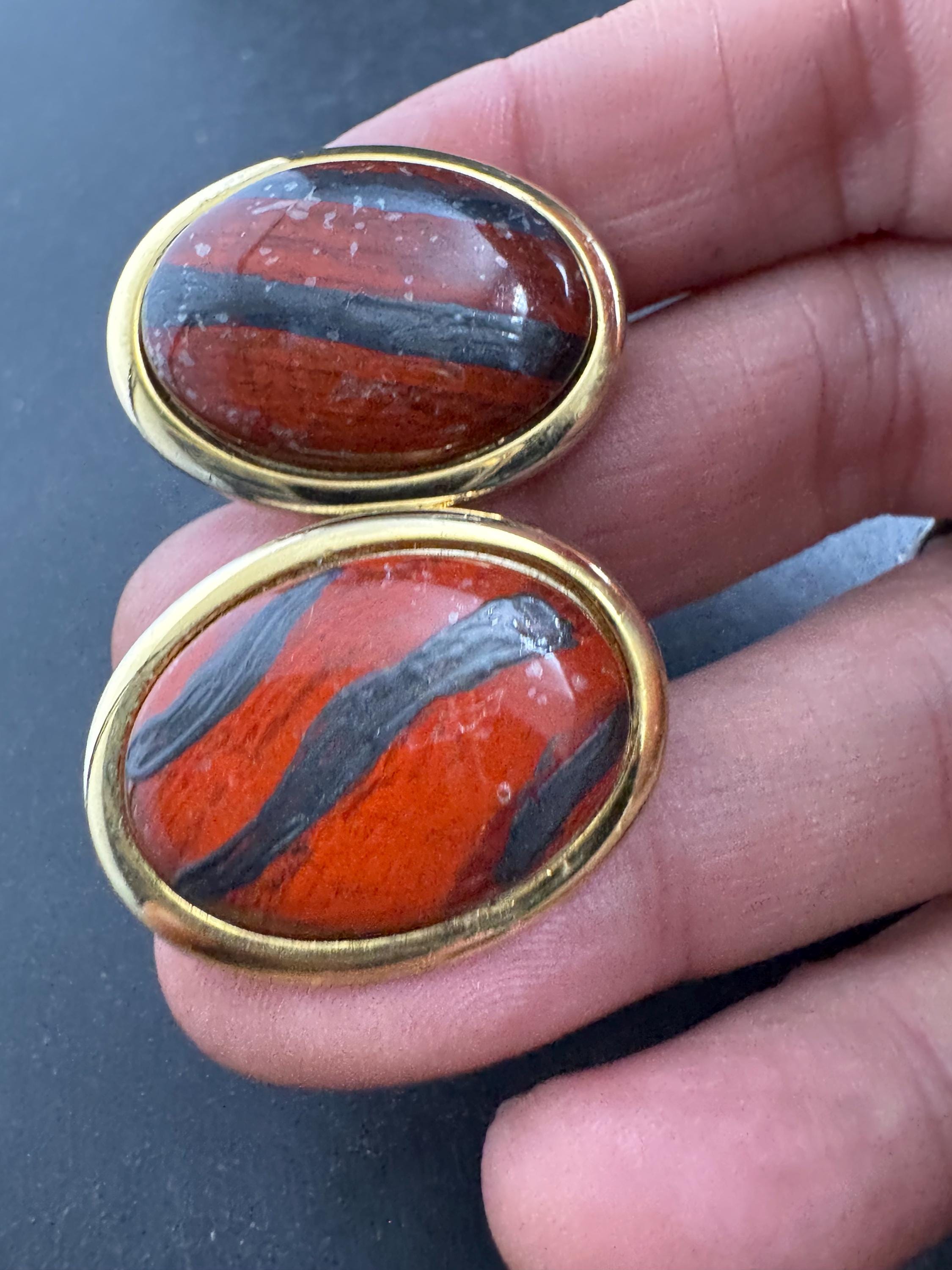 Vintage Oval Cabochon Clip On Earrings: Gold Tone, Red Brown (3cm)