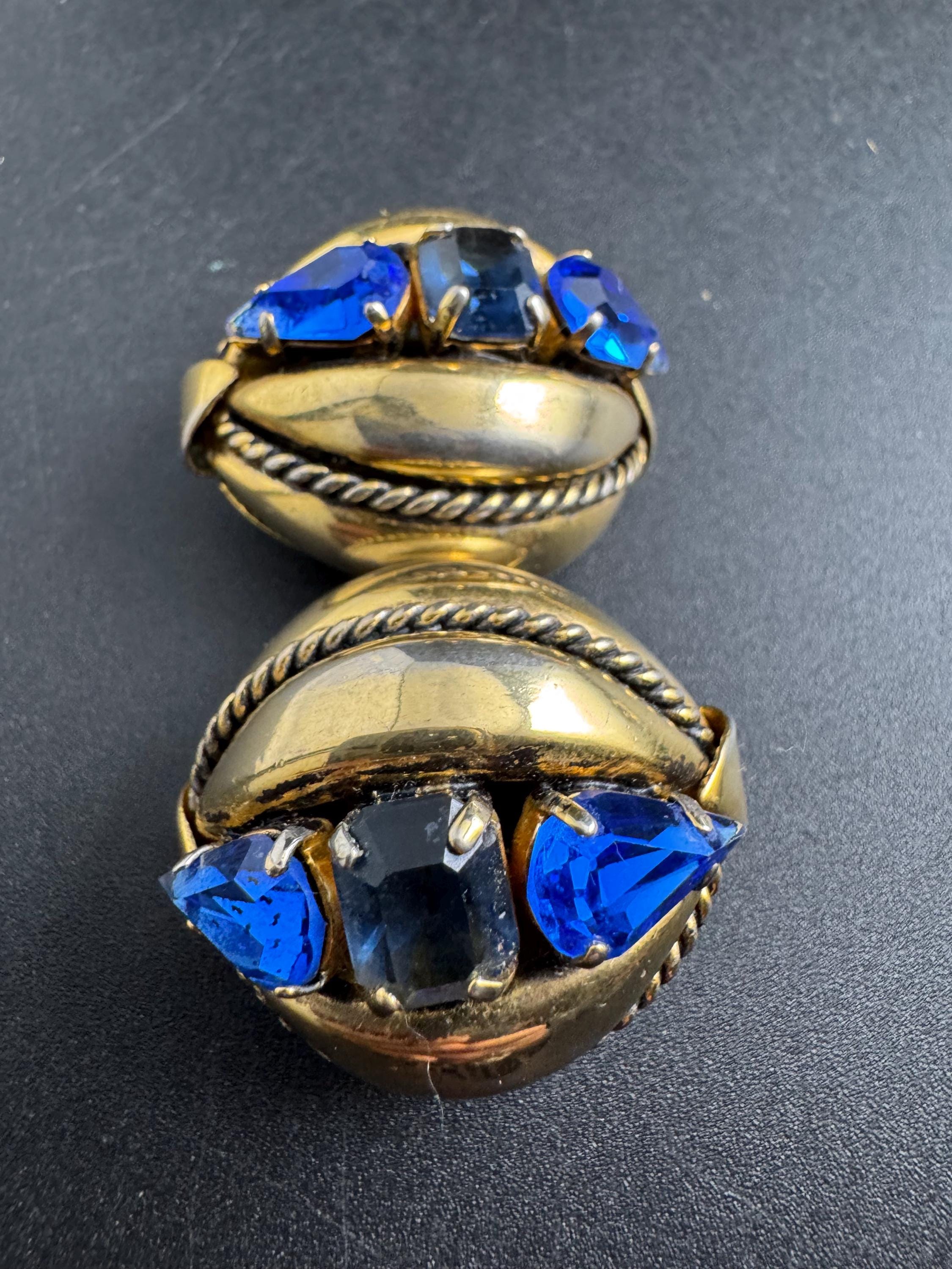 vintage sapphire Clip On Earrings: Gold brass, blue rhinestones