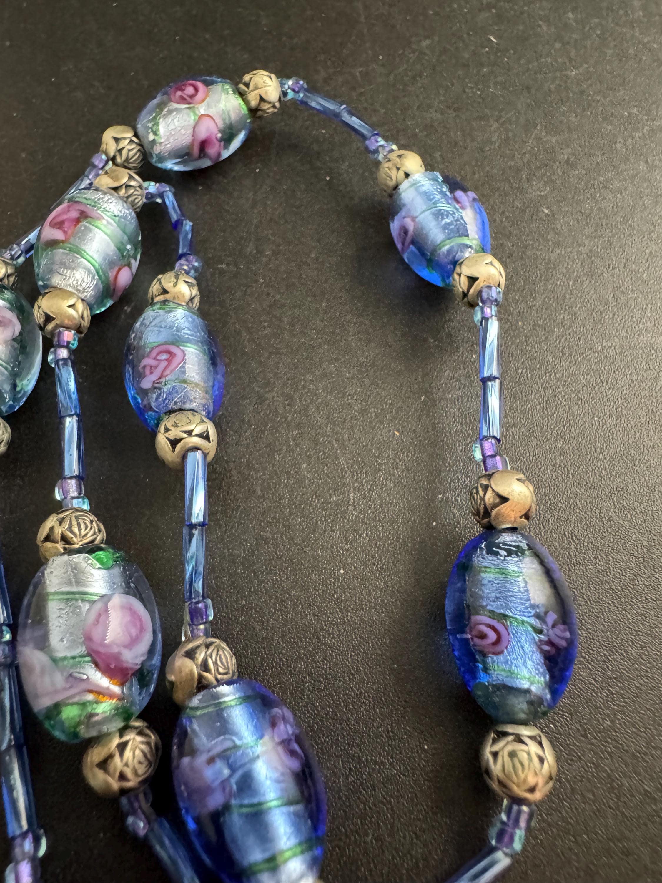 Blue purple foiled bead necklace, silver tone with magnetic clasp, Venetian art glass