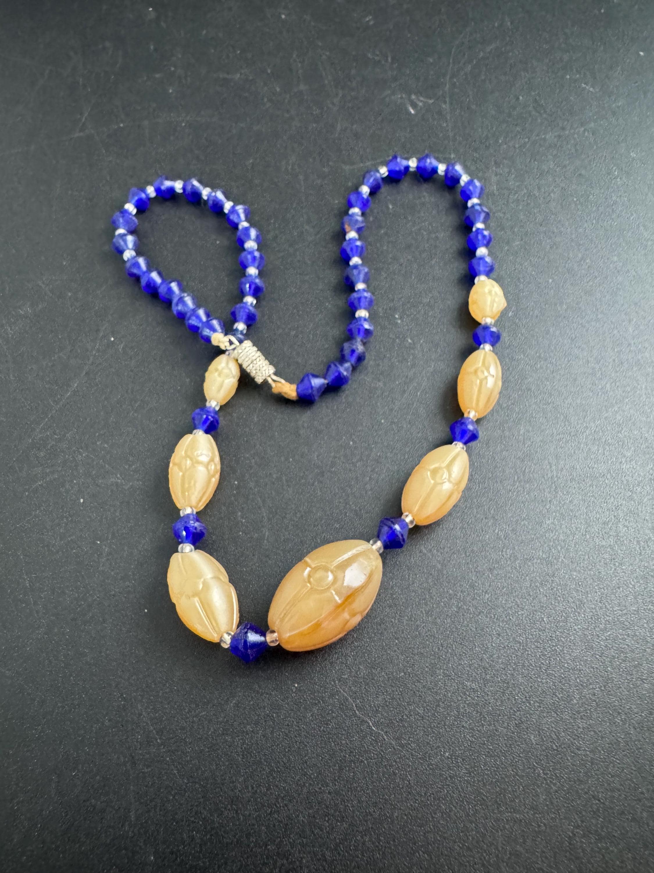 Cobalt blue and beige glass beaded choker, art deco Czech necklace
