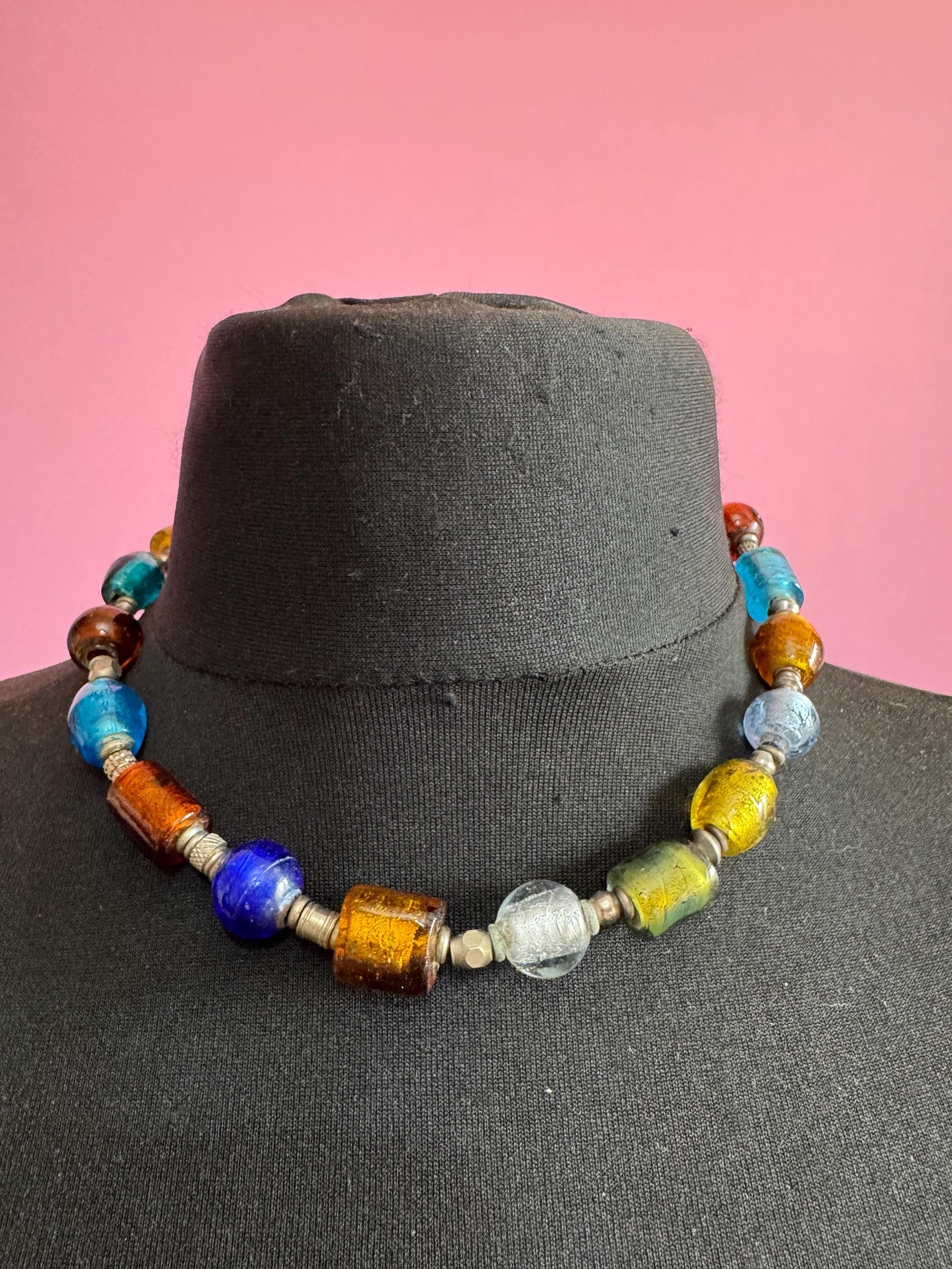Venetian multi coloured foiled bead necklace, art glass beads