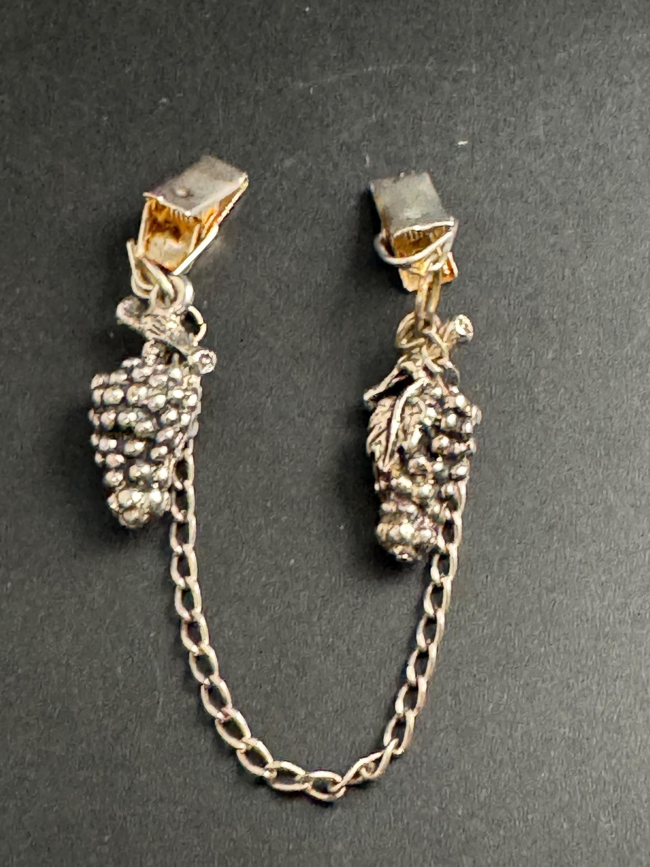 vintage novelty grape sweater guards, cloak clips silver tone clothing accessory