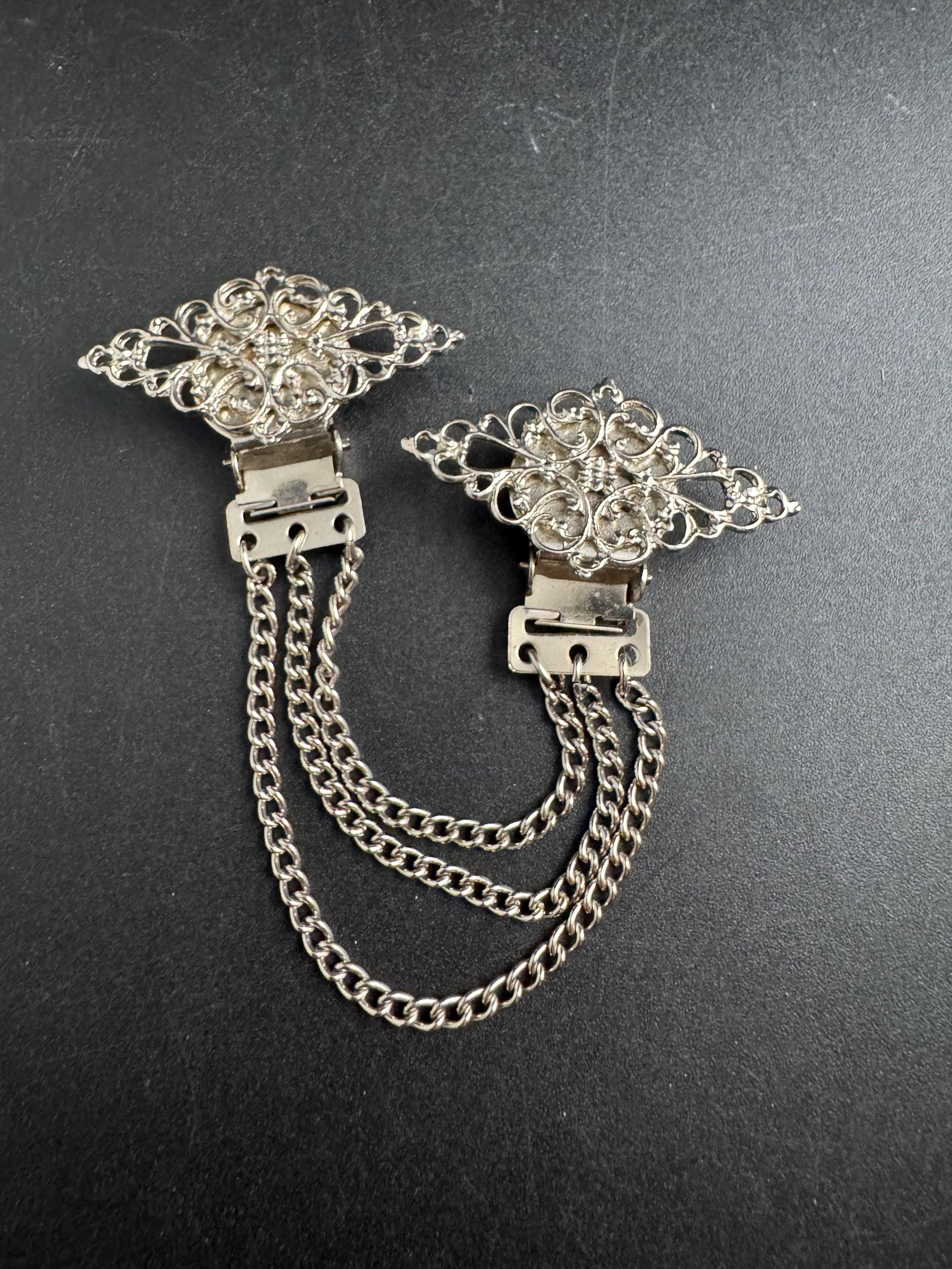 vintage filigree sweater guards, cloak clips silver tone clothing accessory