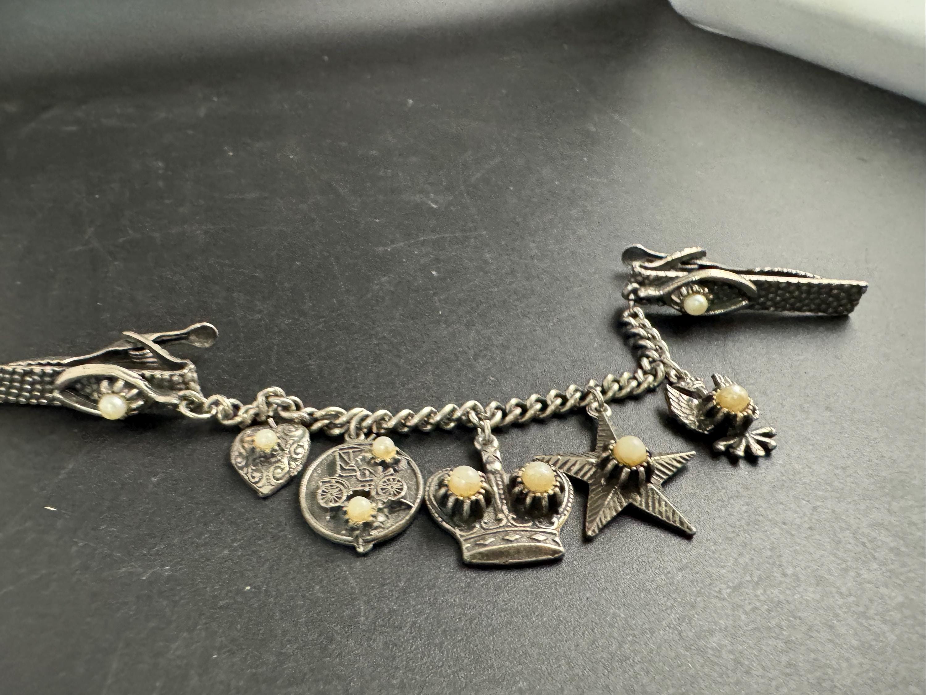 vintage sweater guard with charms, novelty cloak clips silver tone clothing accessory