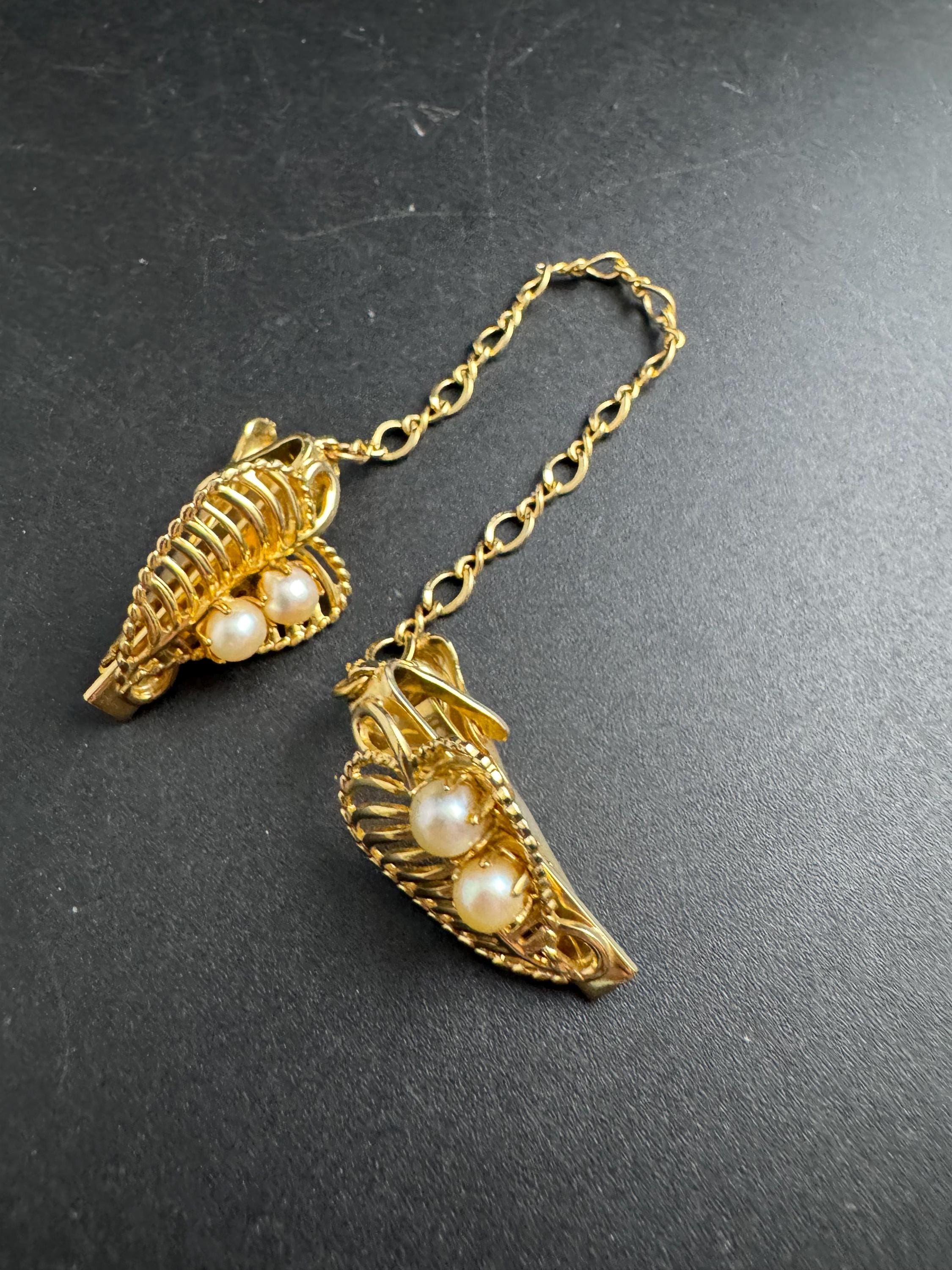 Vintage pearl sweater guard, gold robe cloak clips 18cm, clothing accessory