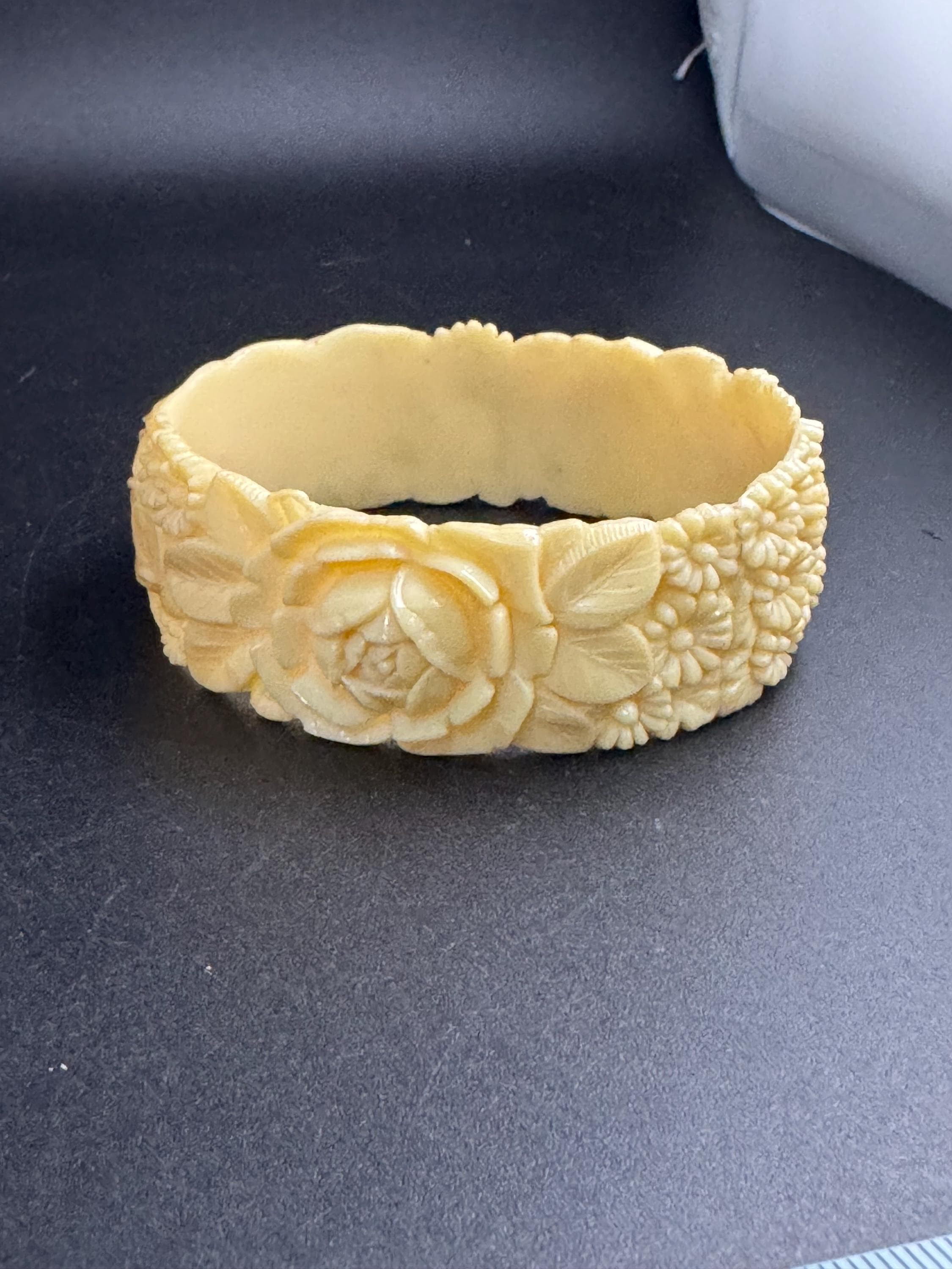 Celluloid Carved Floral Bangle Bracelet, cream Japanese