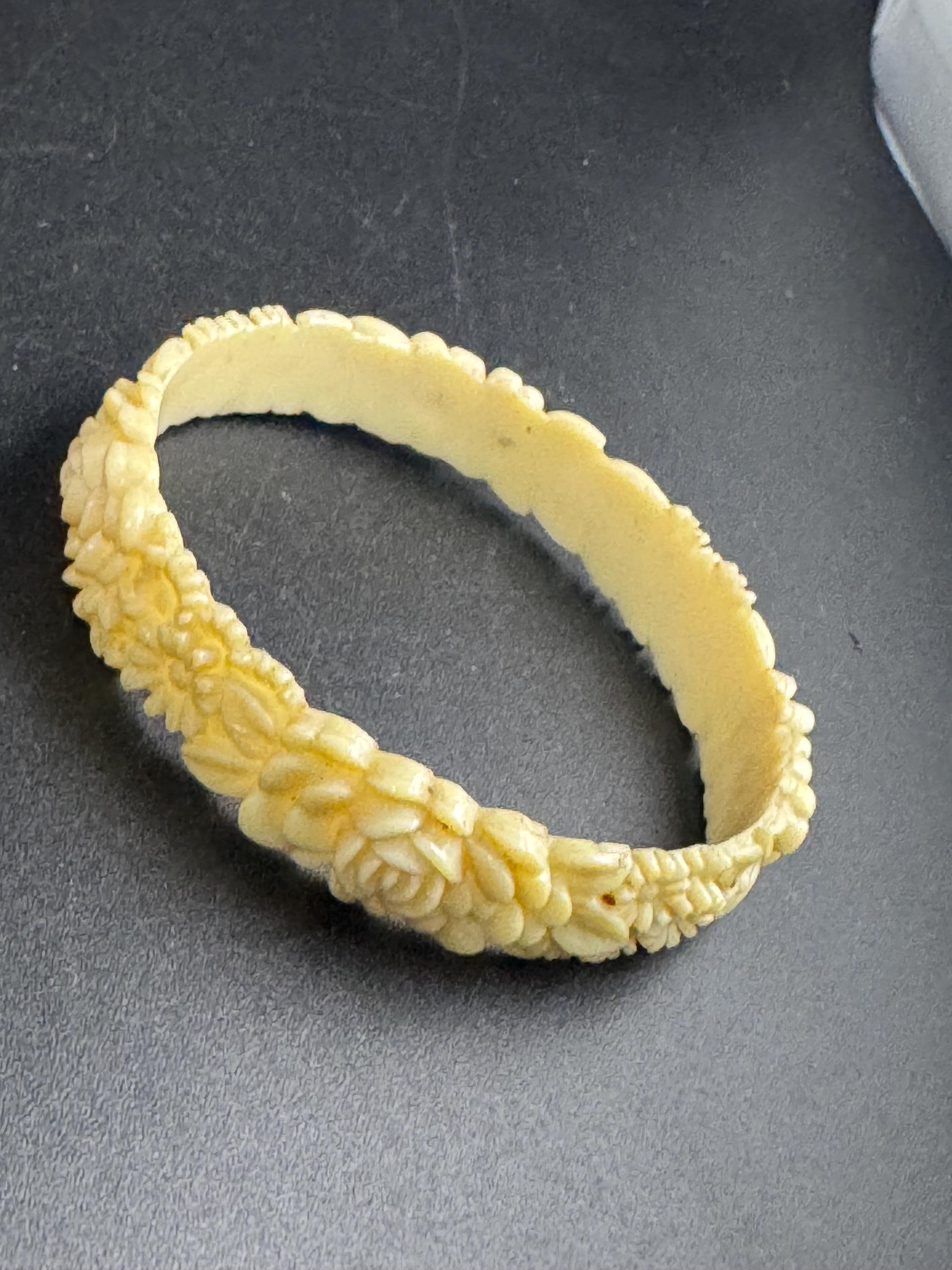 Celluloid Carved Floral Bangle Bracelet, cream Japanese