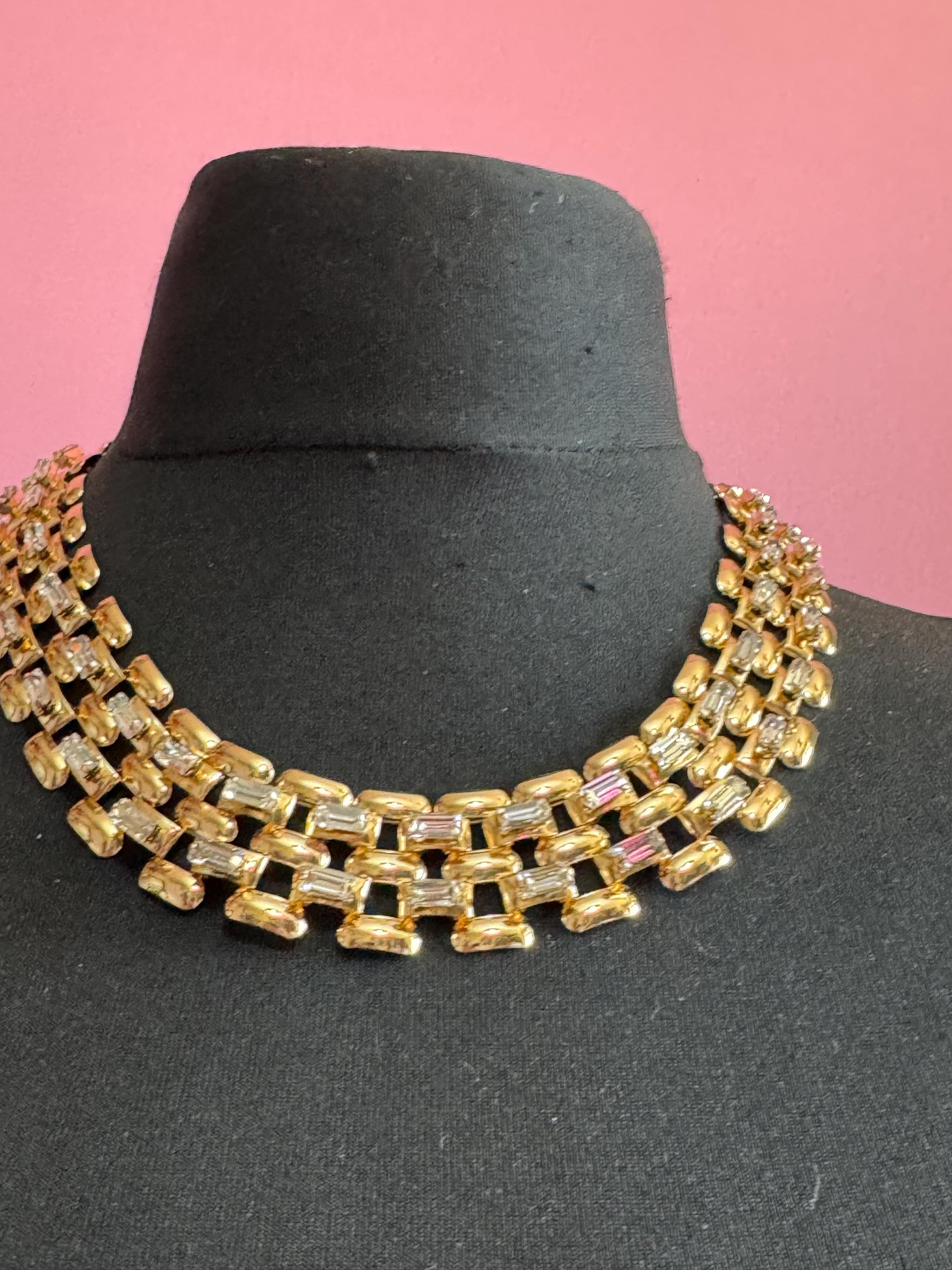 Wide gold panther link choker necklace, clear baguette rhinestones, brick link 52cm