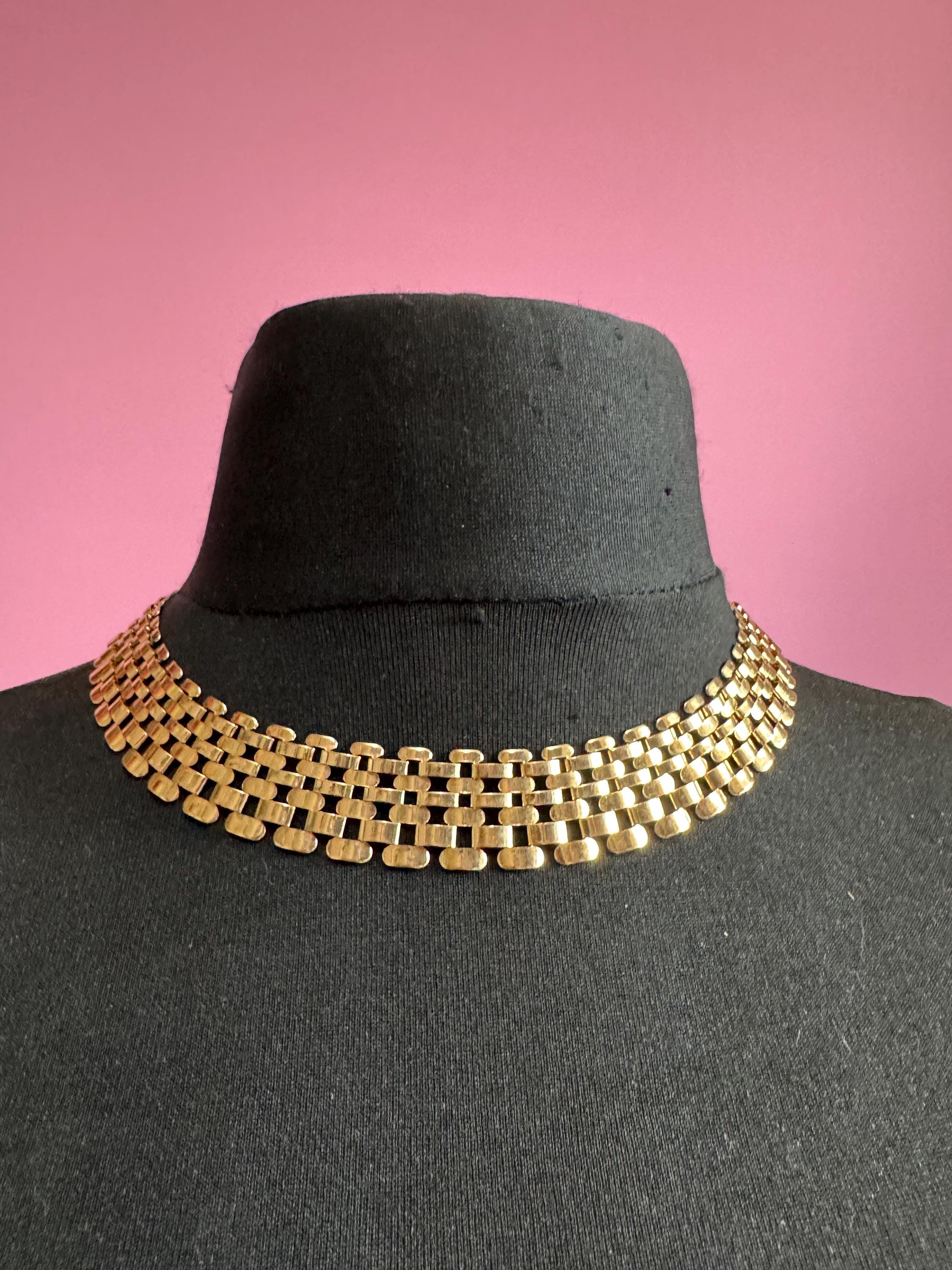 wide gold panther link choker, brick link necklace