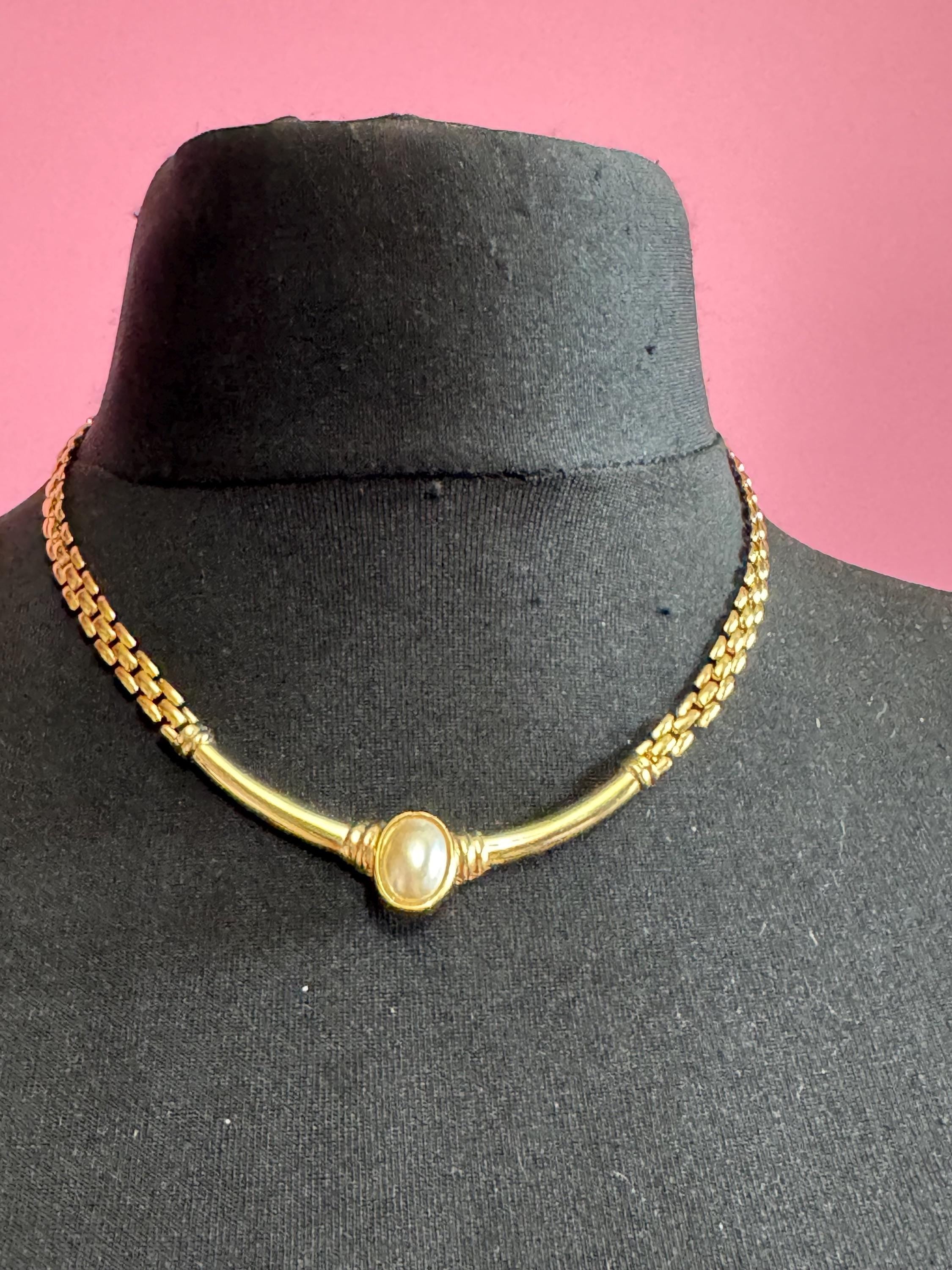 panther link pearl cabochon choker,  dainty necklace, brick link 45cm