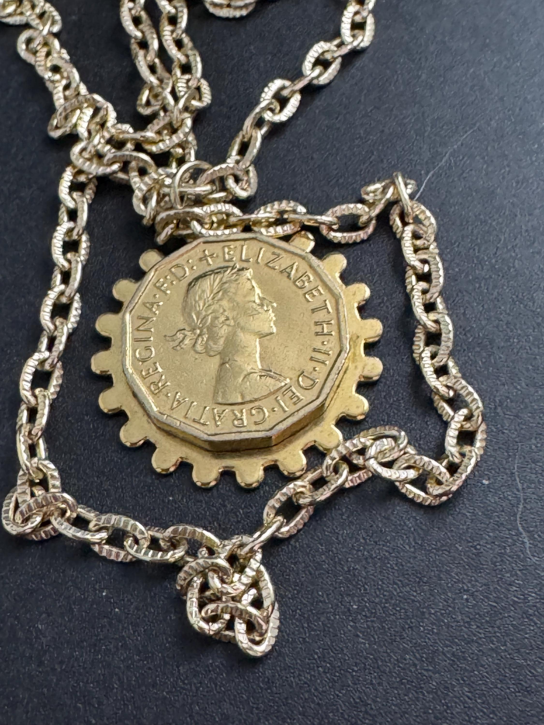 Vintage coin pendant necklace , gold tone circa 1970s
