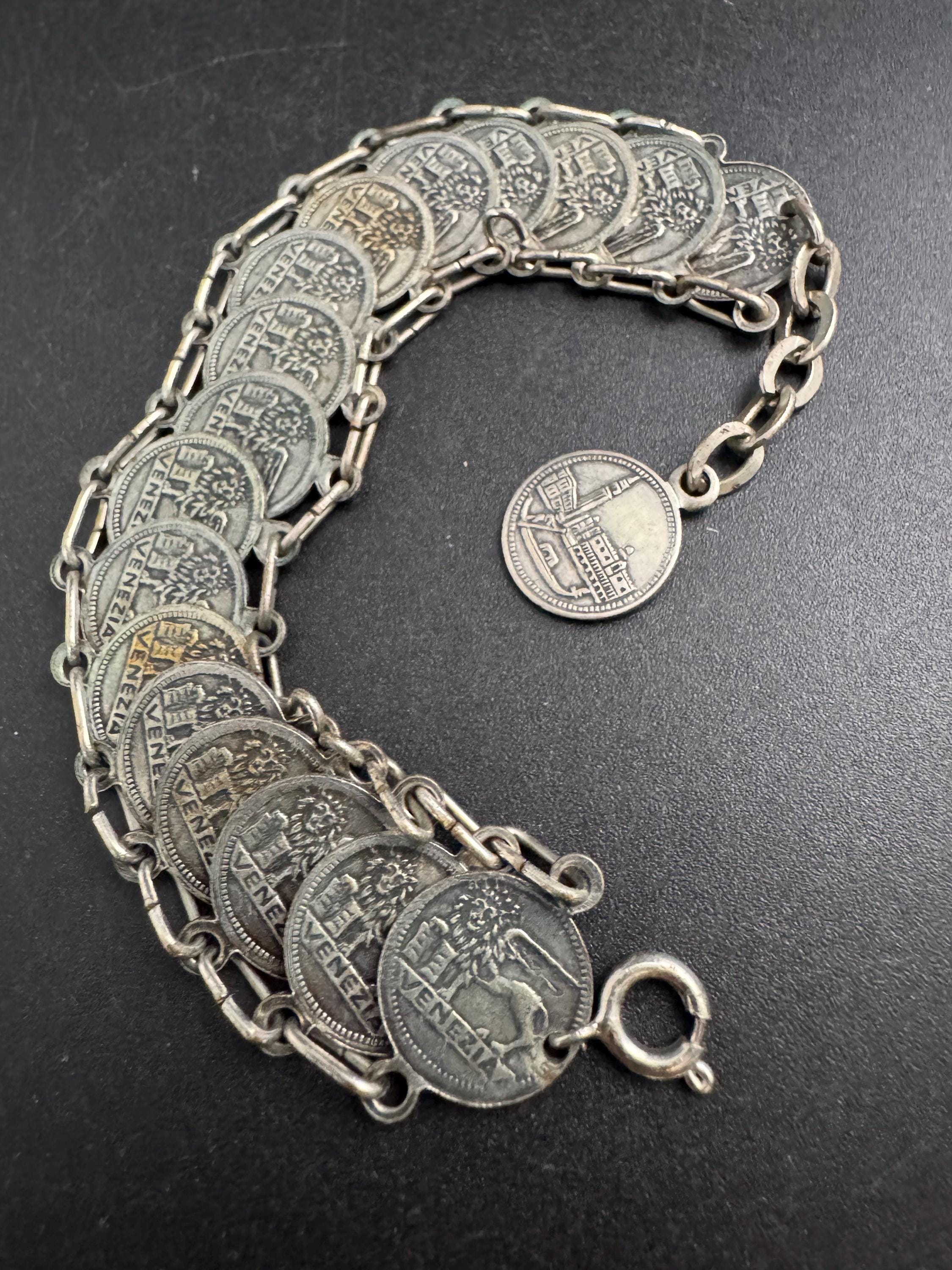 Vintage Silver charm coin Bracelet, 20cm boho festival jewellery