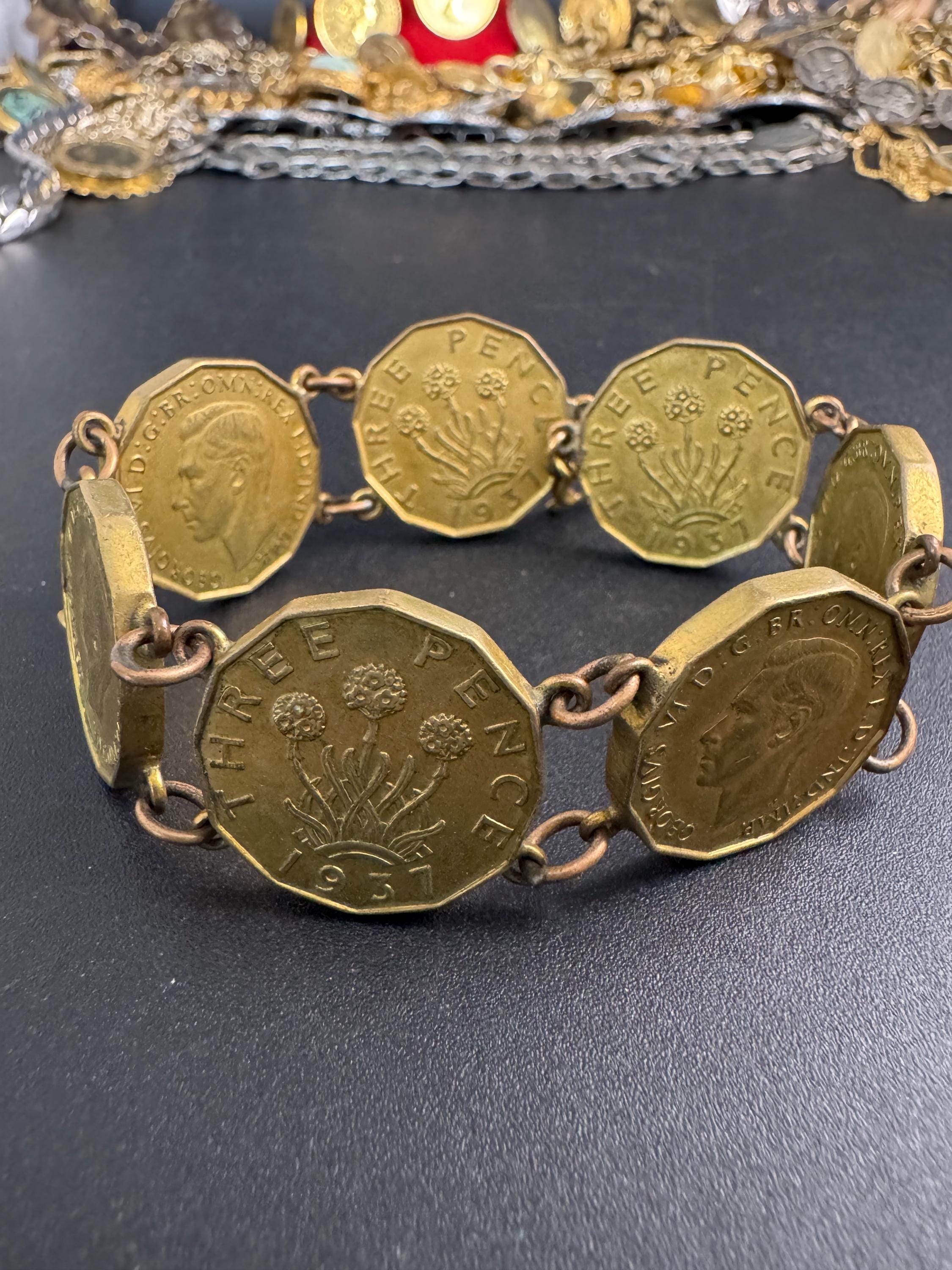 Vintage 1937 gold threepenny bit coin Bracelet, 3p coins jewellery