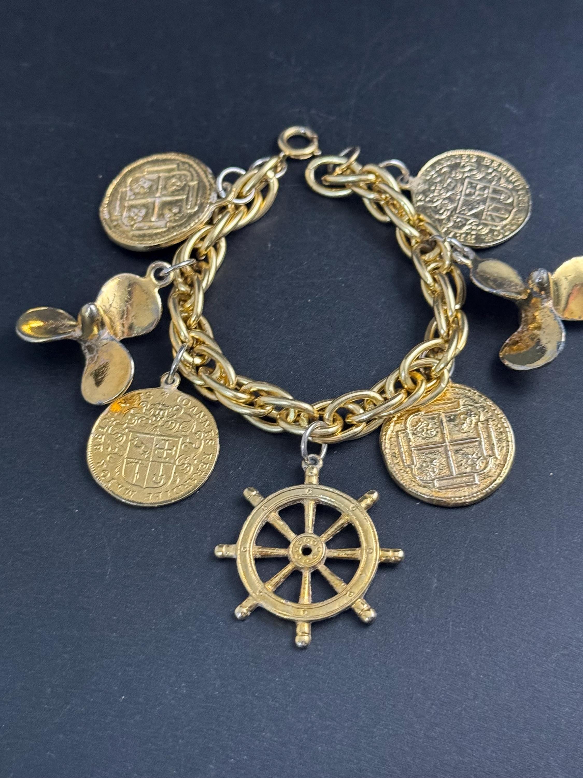 Gold Charm Bracelet, Ships Wheel, Propeller, Coin Charms, Wearable Piece