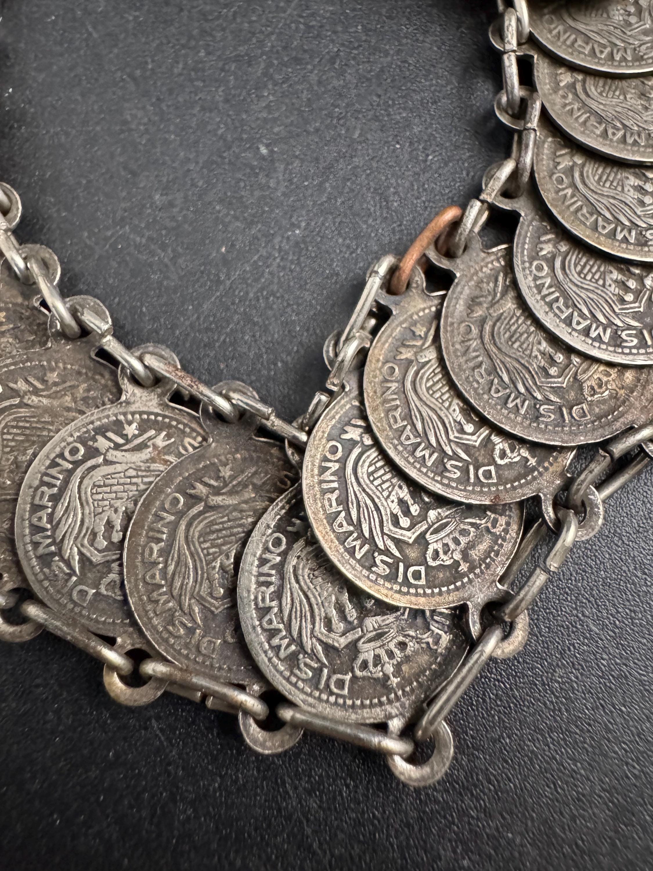 Vintage Silver charm coin Bracelet, 21cm boho festival jewellery