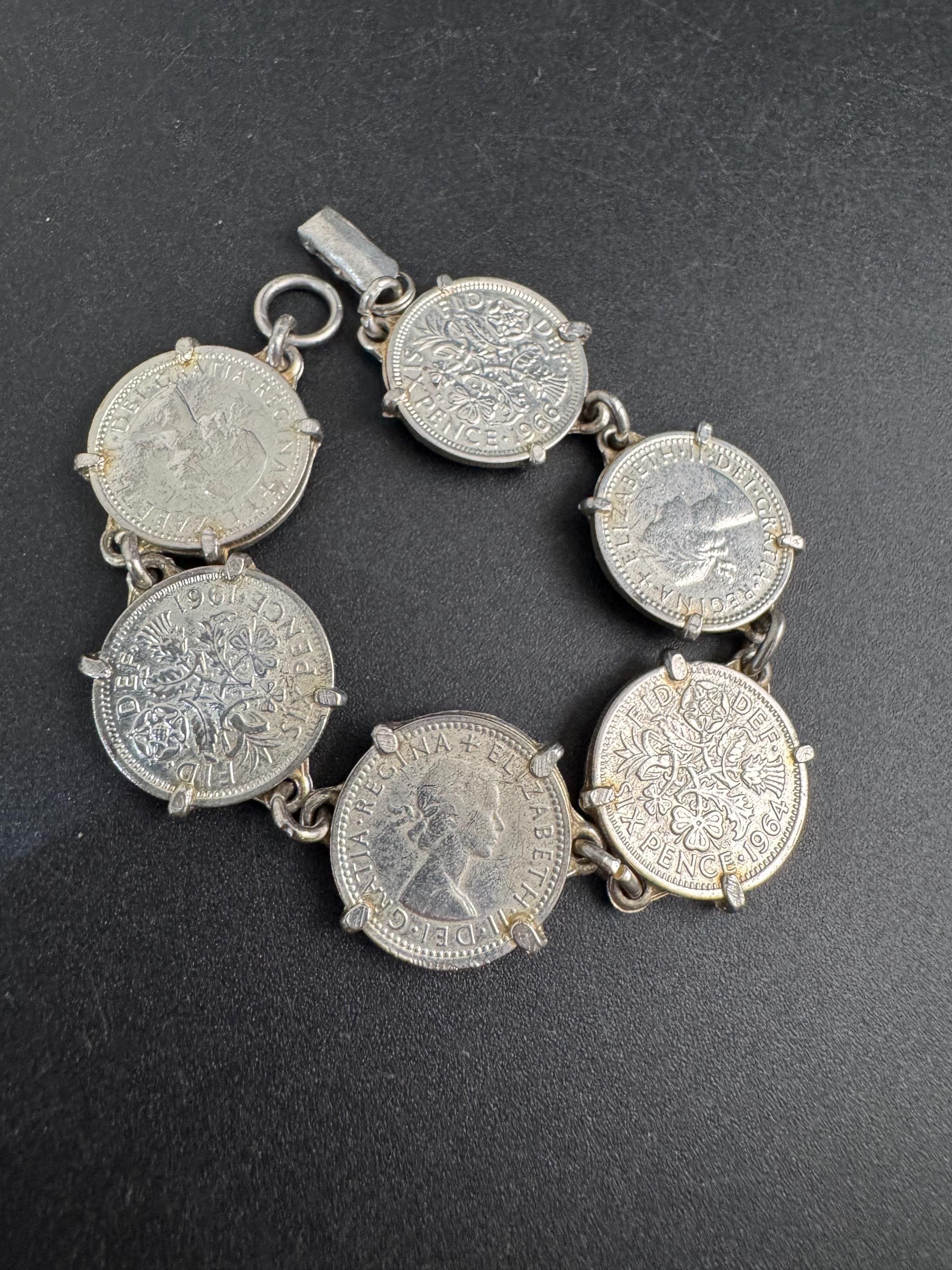 Vintage 1960s six pence silver coin Bracelet, 6p coin jewellery