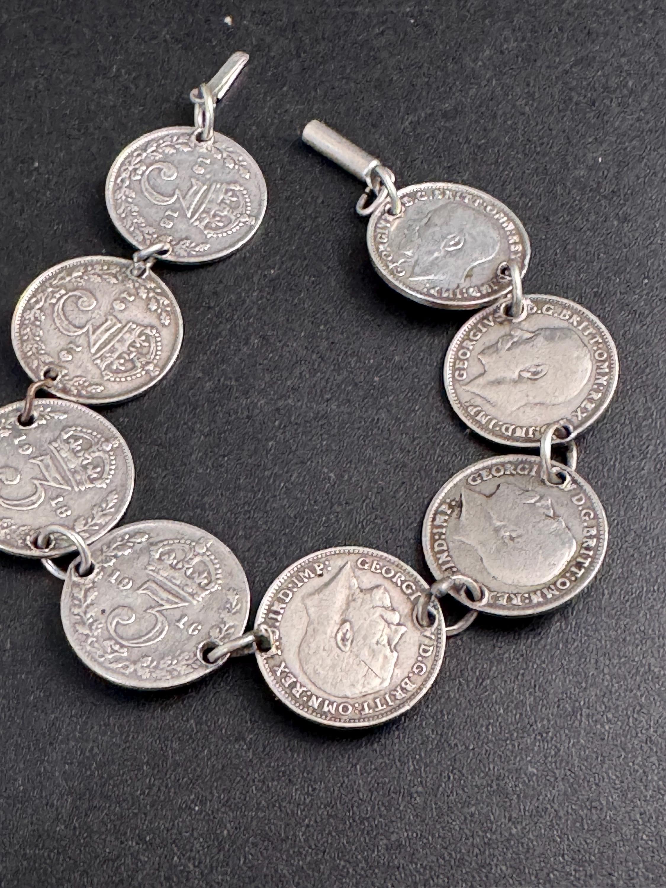 Vintage Silver threepenny 3p coin Bracelet, precious metals 17.5cm