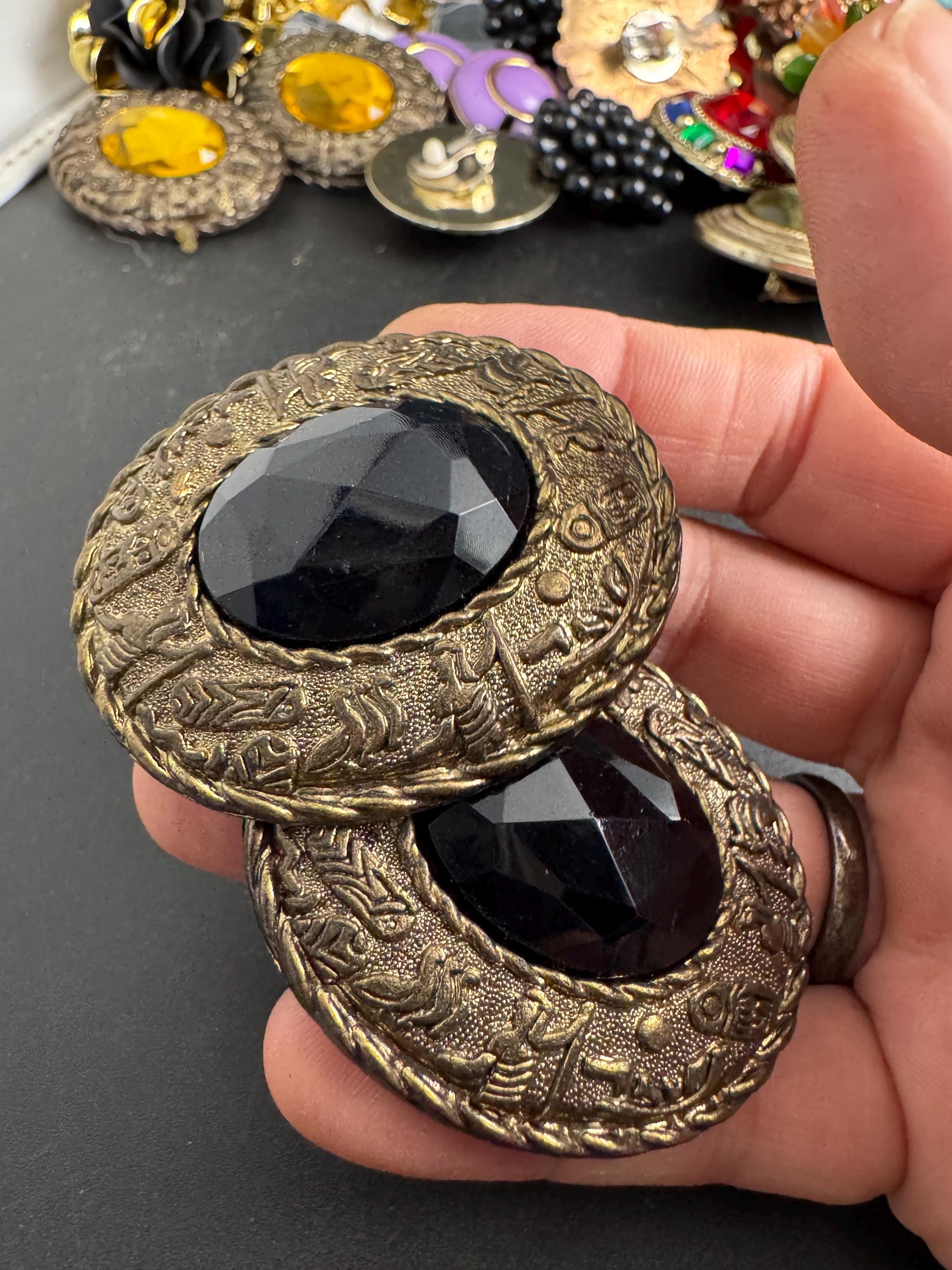 Big oval plastic Clip on earrings, black rhinestone and antique gold tone