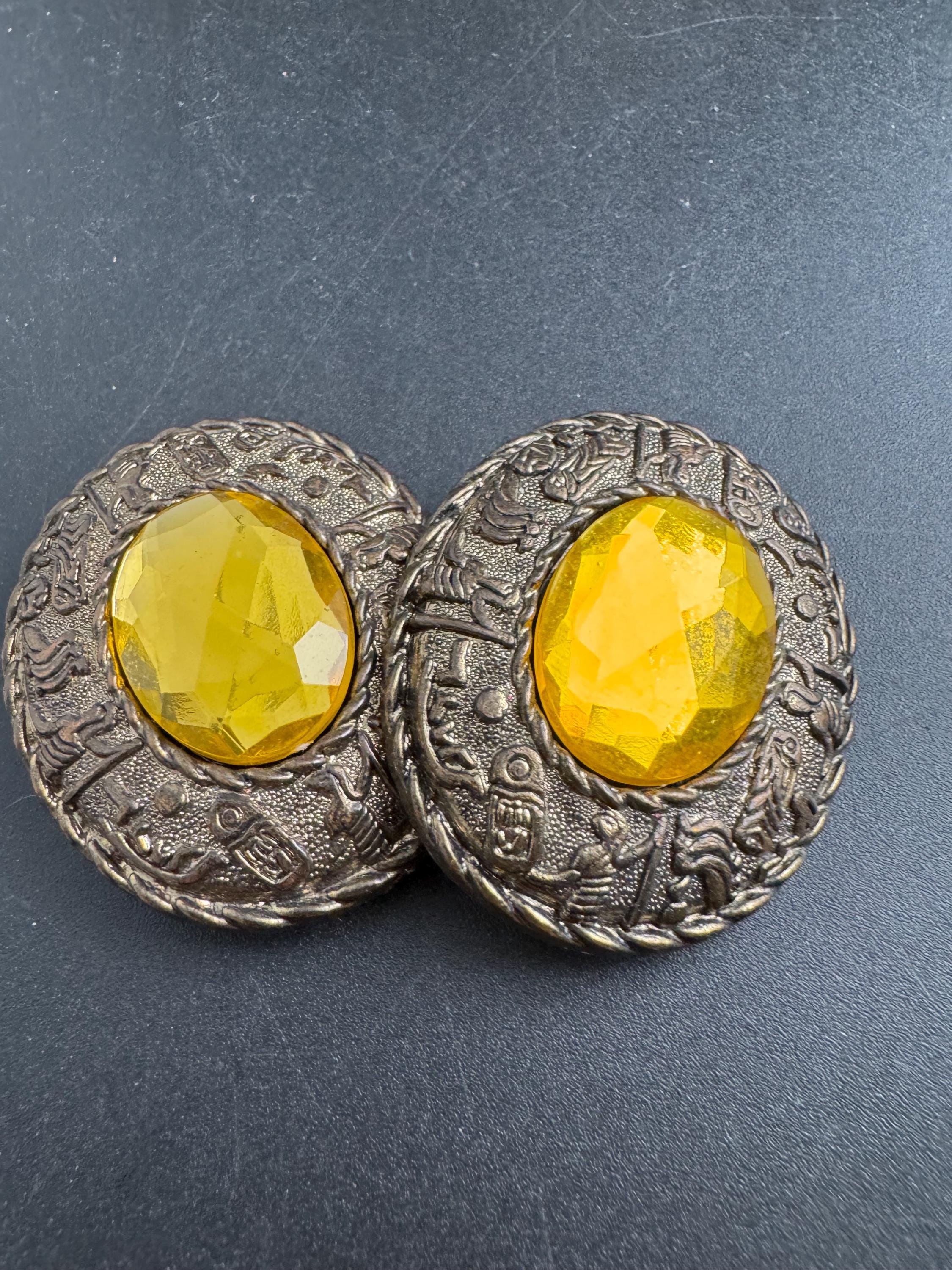 Big oval plastic Clip on earrings, citrine yellow rhinestone and antique gold tone