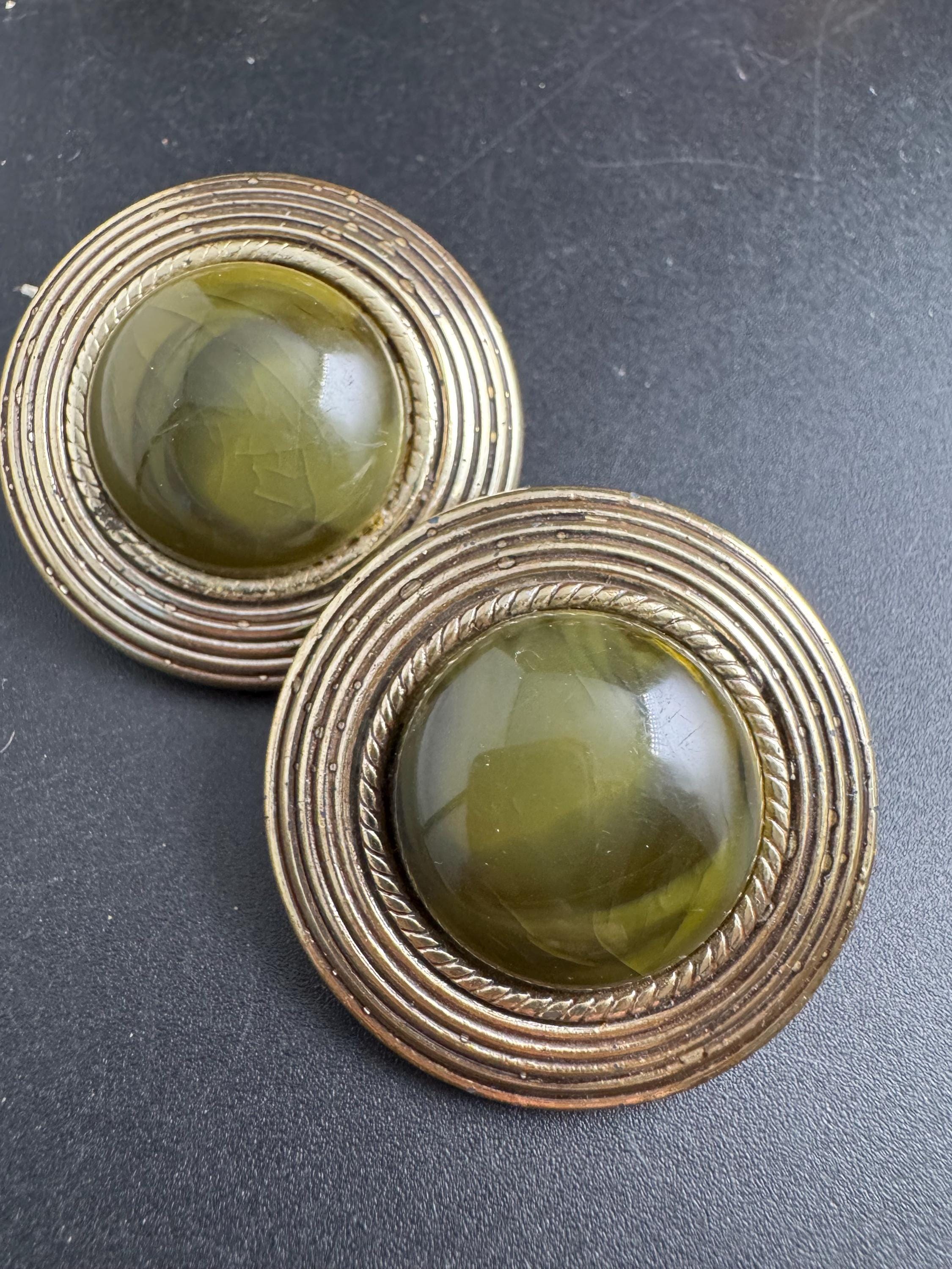 Big plastic Clip on earrings, khaki olive green and gold disc design