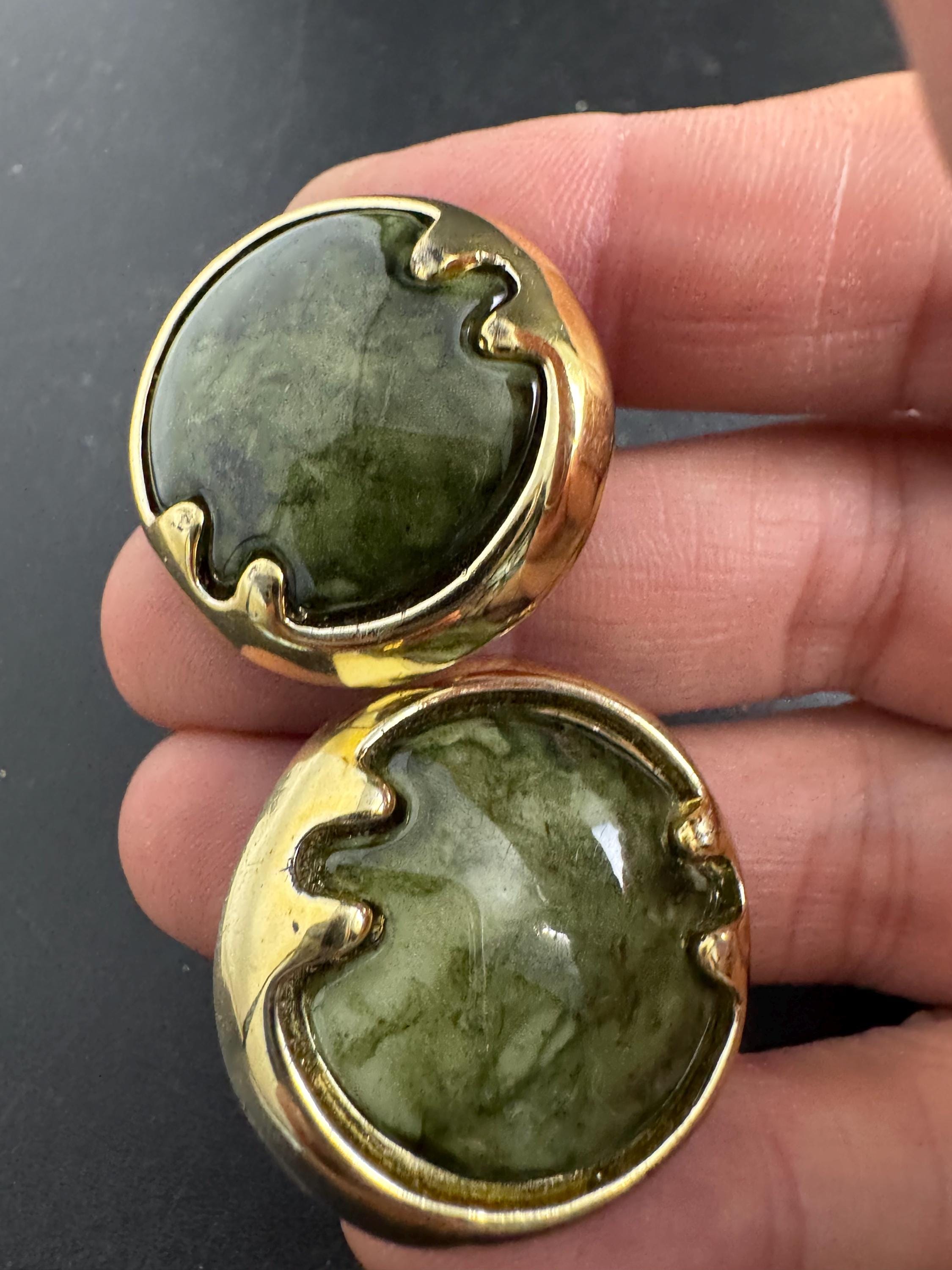 Stylish plastic Clip on earrings, khaki olive green and gold disc design