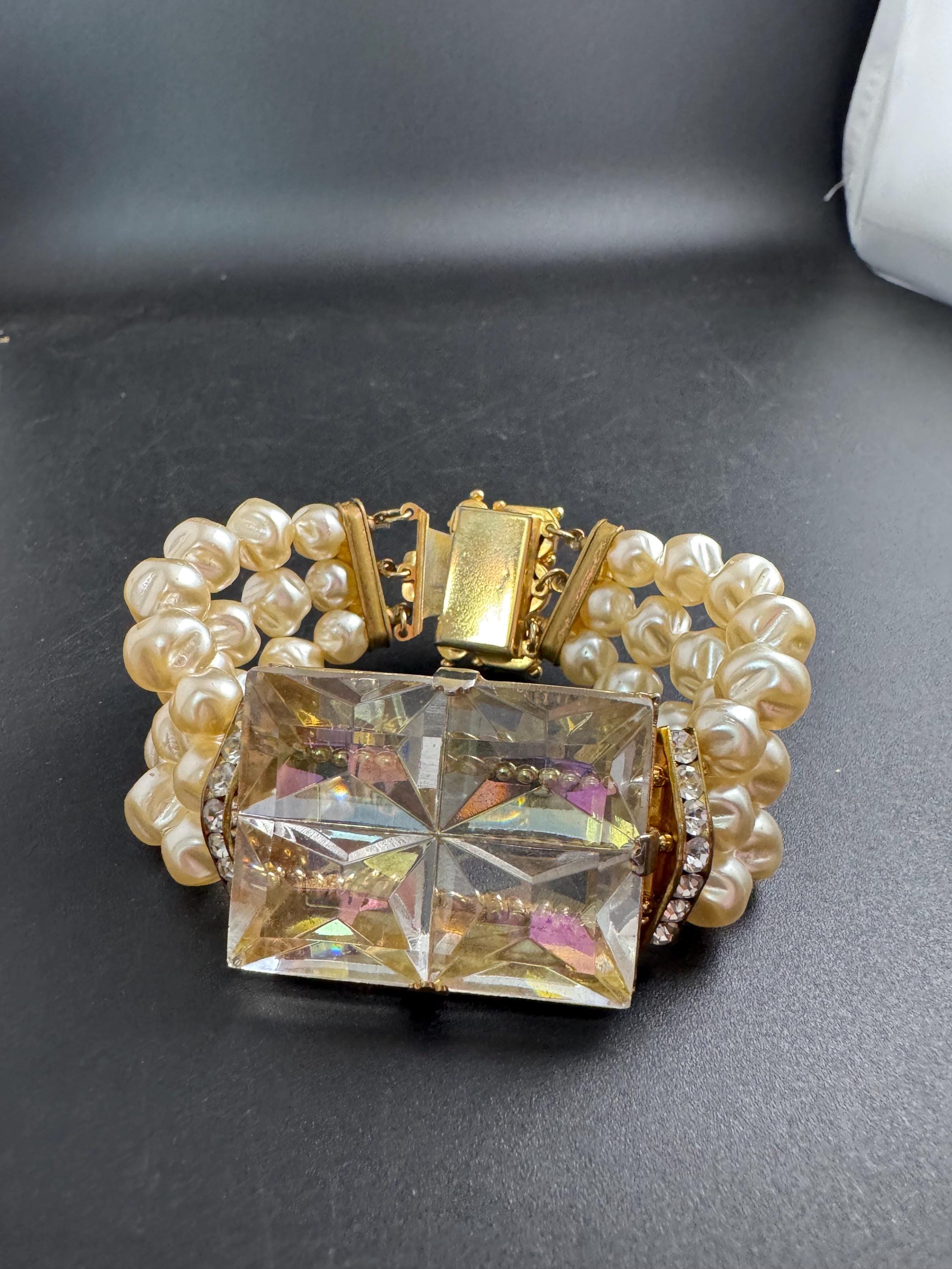 Big rhinestone wide pearl bracelet , rainbow lustre oversized statement piece