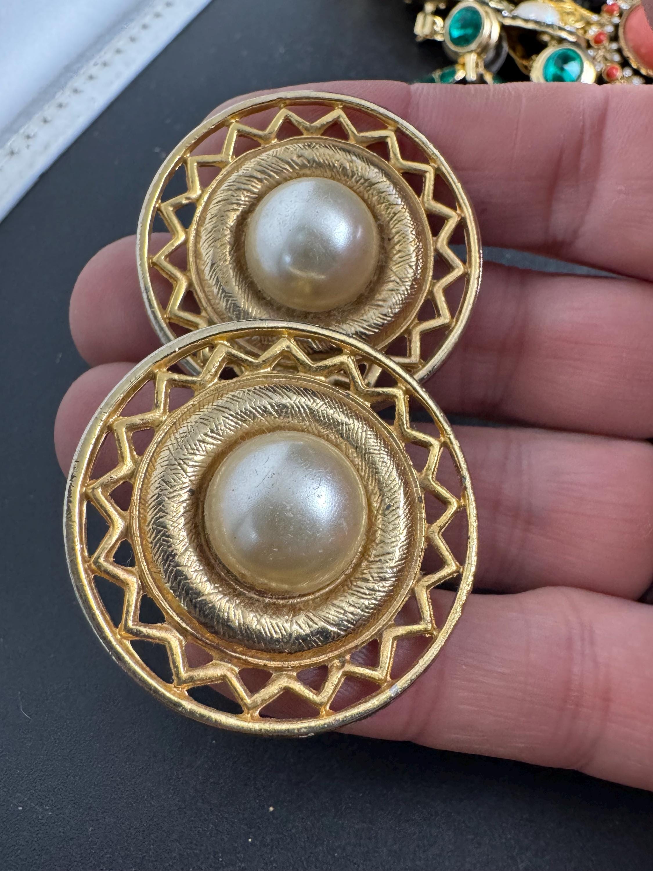 Big pearl clip on earrings, gold tone round disc and domed  , vintage retro