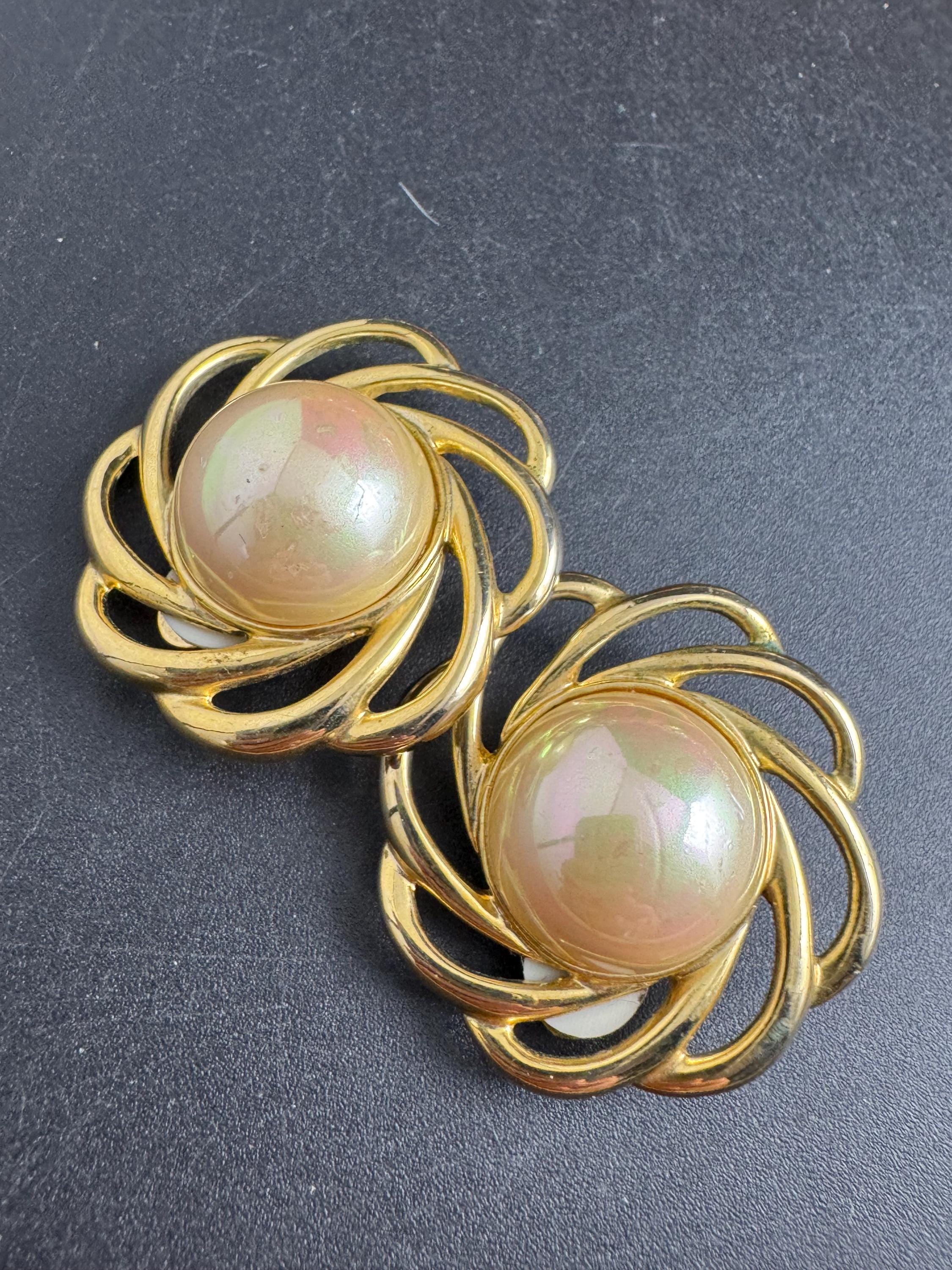 Big pearl clip on earrings, gold tone round disc and domed  , vintage retro