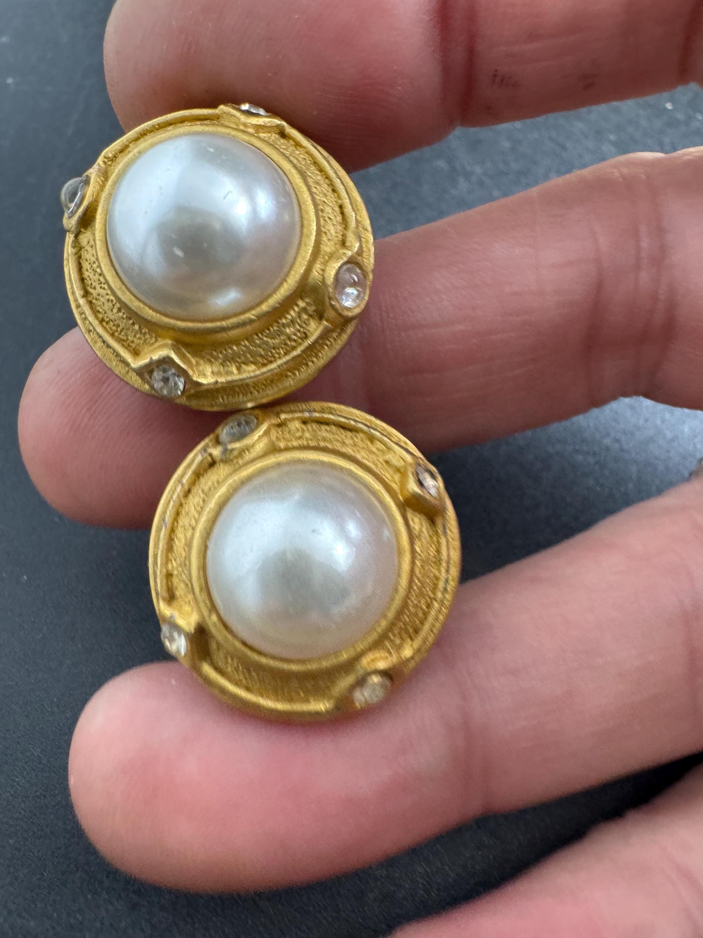 rhinestone & pearl clip on earrings, Matt gold tone round disc and domed  , vintage retro