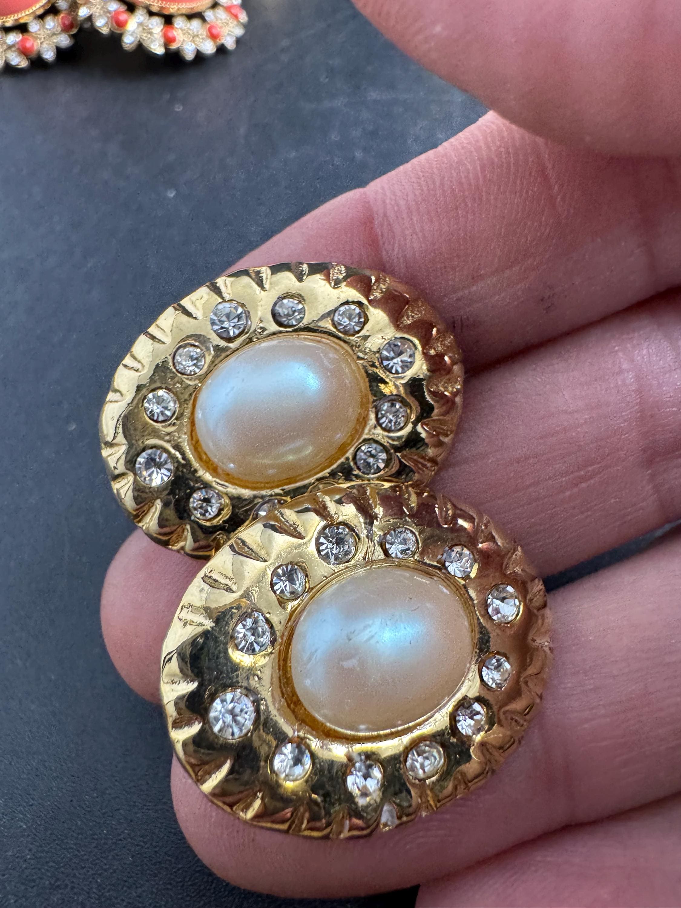 Oval pearl clip on earrings, rhinestones and gold tone vintage