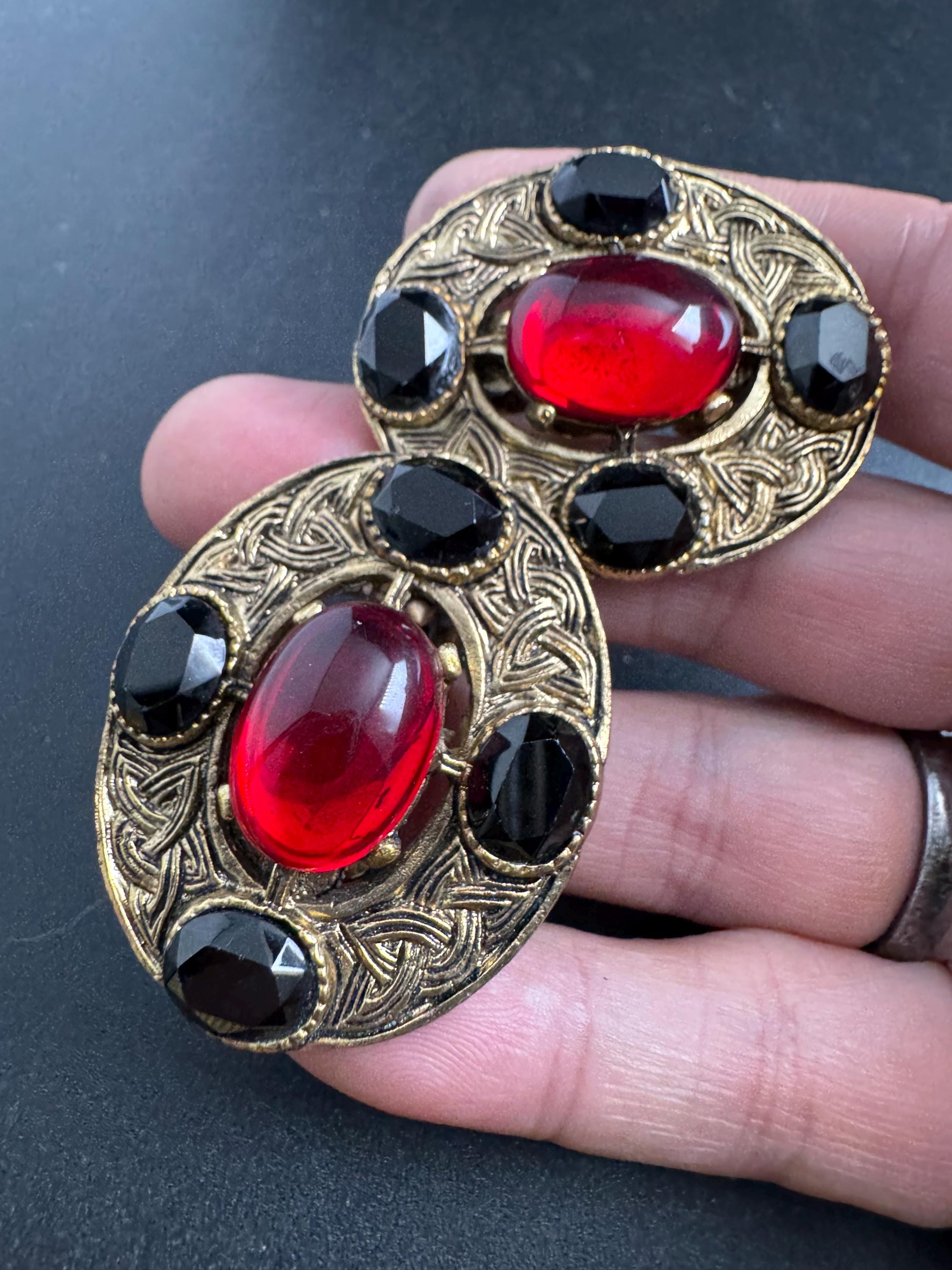 Oversized 1980s Clip On Earrings: antique Gold Tone Red and black Cabochon, Gripoix Style