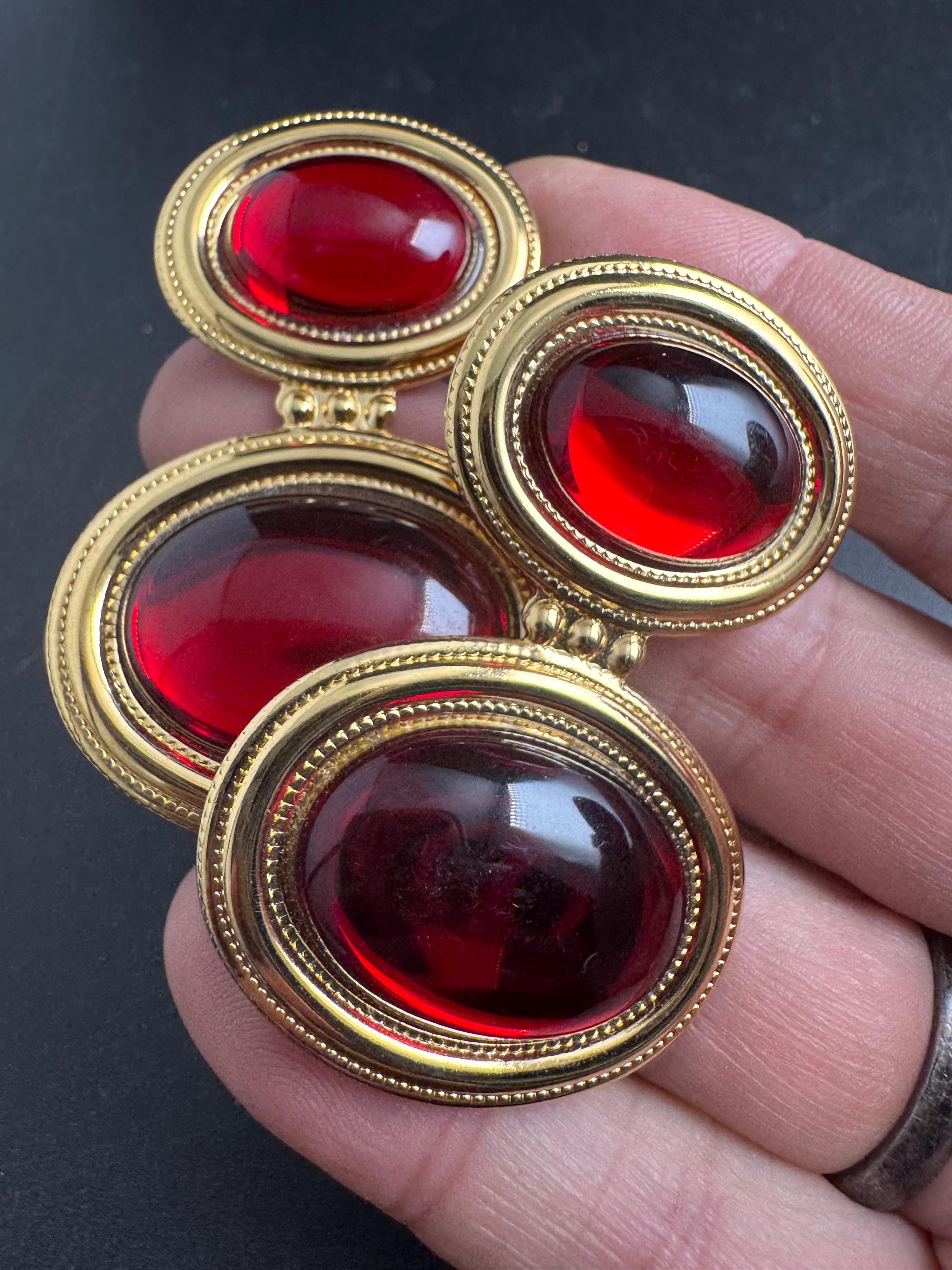 Oversized red cabochon clip on earrings, 5cm oval 1980s