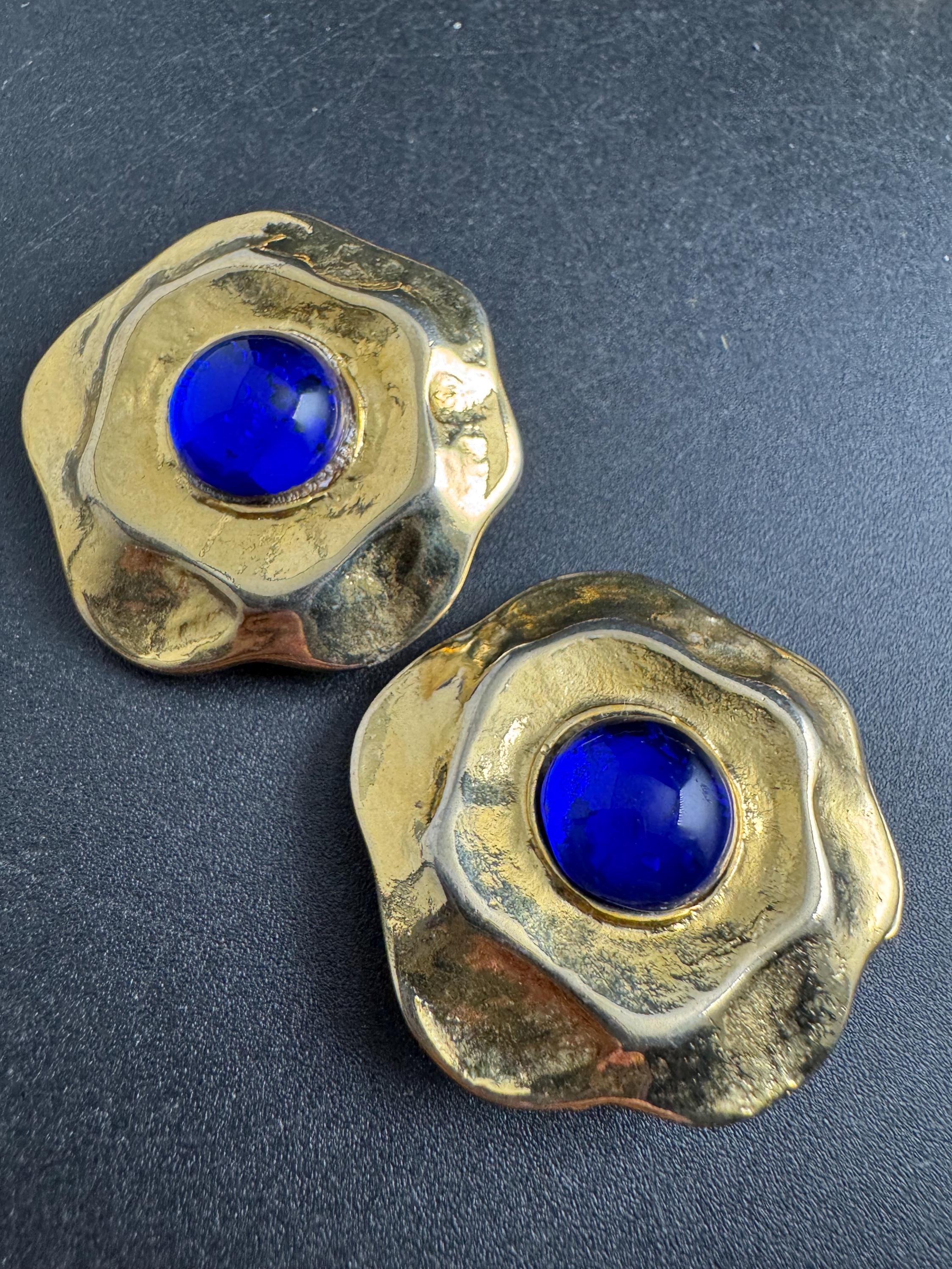 Italian blue cabochon clip on earrings, 3.5cm made it Italy gold plated